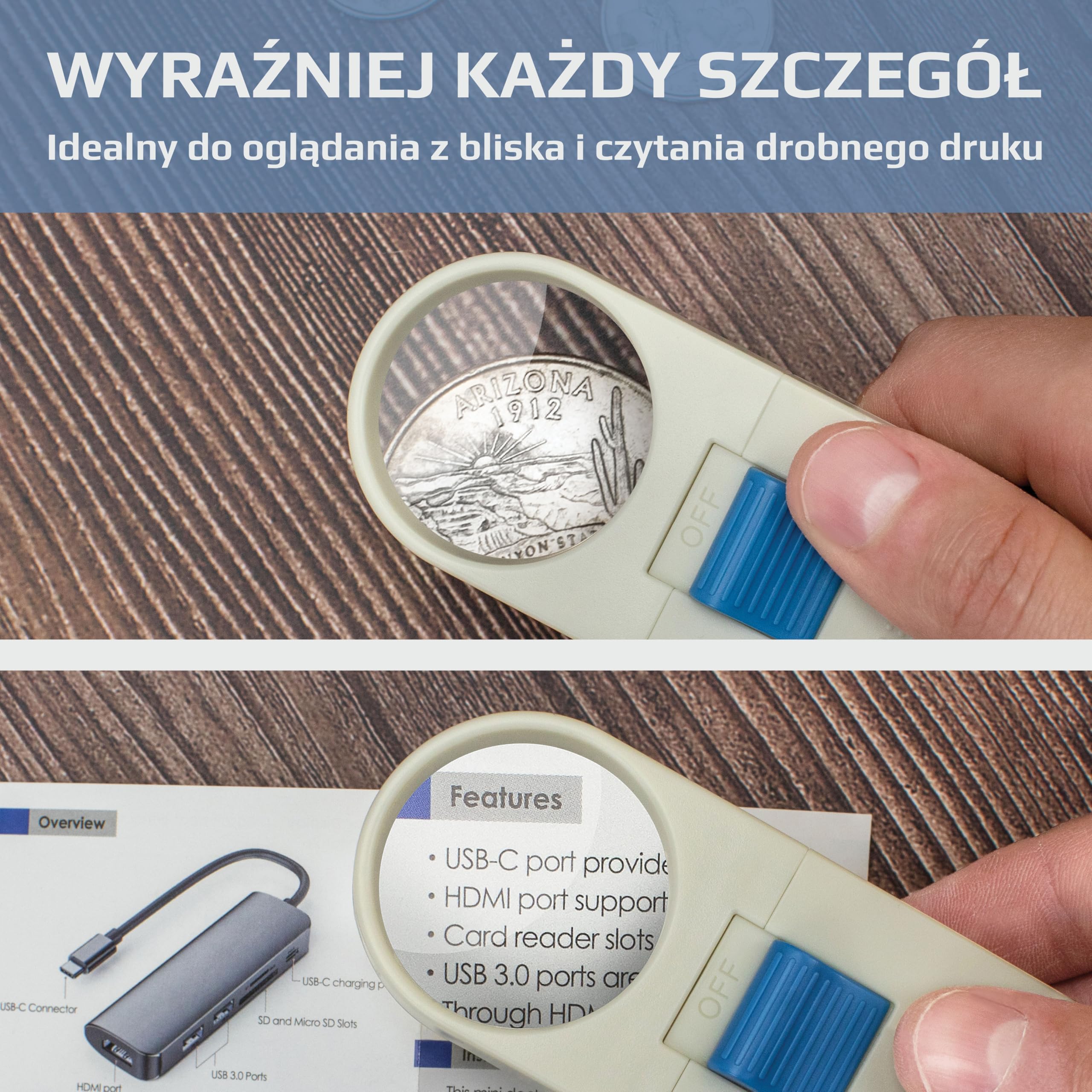 Carson Podświetlana Ręczna Lupa Asferyczna 7x z LED i Średnicą Soczewki 1,5'' (SV-70), Biała (Zestaw 1 szt.)
