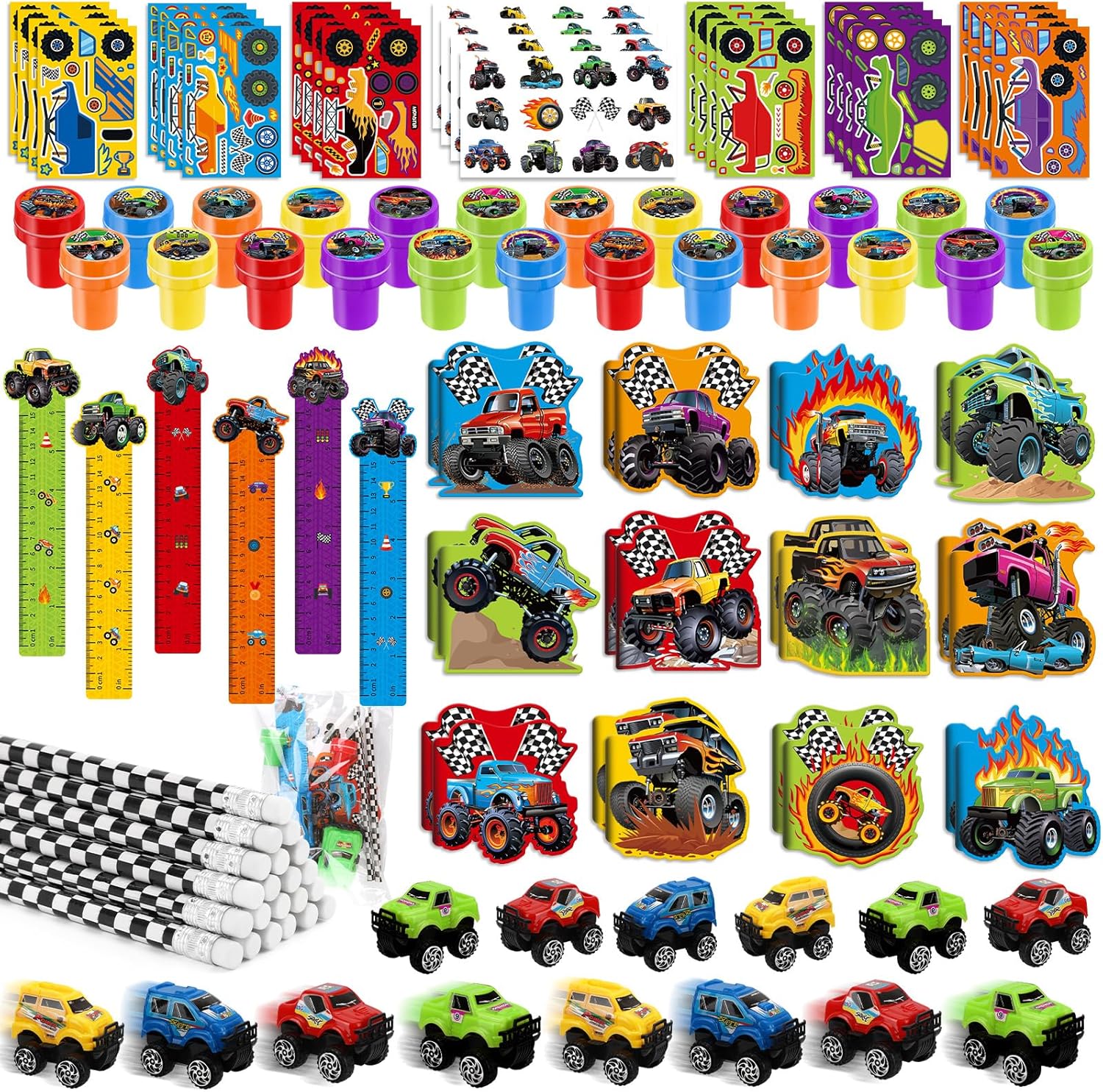 BenLouis 96Pcs Monster Truck Party Favors Truck Car Birthday Stampers Stickers School Stationery Set Bulk for Kids wheels party Race Car Themed Party Goodie Bag Stuffers Pinata Filler Supplies