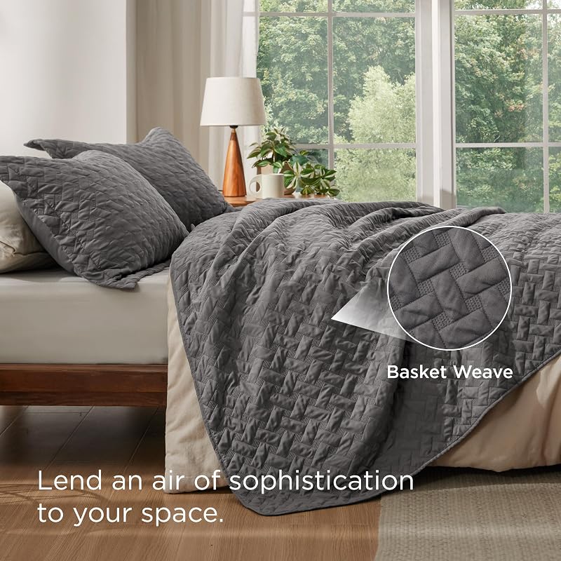 Bedsure Quilts King Size - Grey Bedspreads King Size with Basket Weave Pattern, Soft Quilt Bedding Set, Lightweight Comforter Set Coverlet for All Seasons with 2 Pillow Shams (106" x 96") image 3