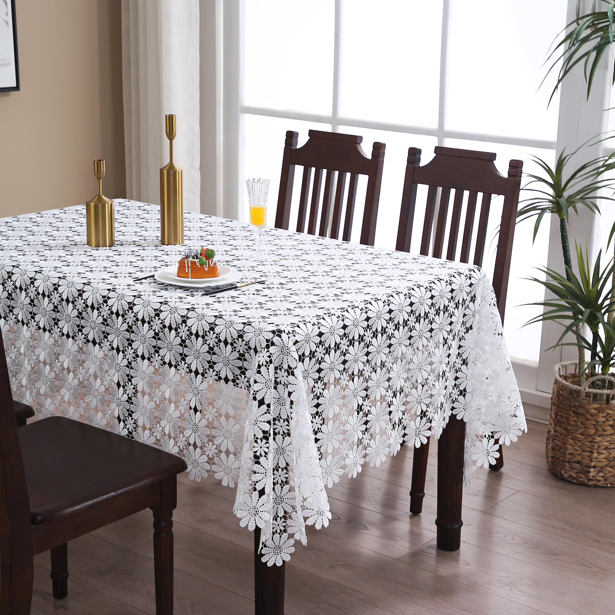 Crochet Tablecloth Lace Rustic Jacquard White Table Cloth Rectangle Picnic Table Covers For 6 Foot Tables For Dining Kitchen/Restaurant/Picnic/Holiday/Wedding/Birthday/Party/Spring/Fall/Christmas