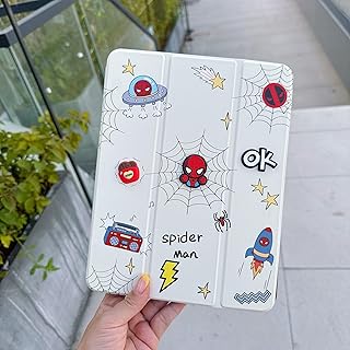 جراب حماية قابل للطي من السيليكون بتصميم كرتوني ثلاثي الأبعاد لايباد الجيل العاشر 10.9 بوصة موديل A2757 وA2777 وA2696 مع حامل قلم للأطفال من ايكو سيستم (تصميم سبايدر)