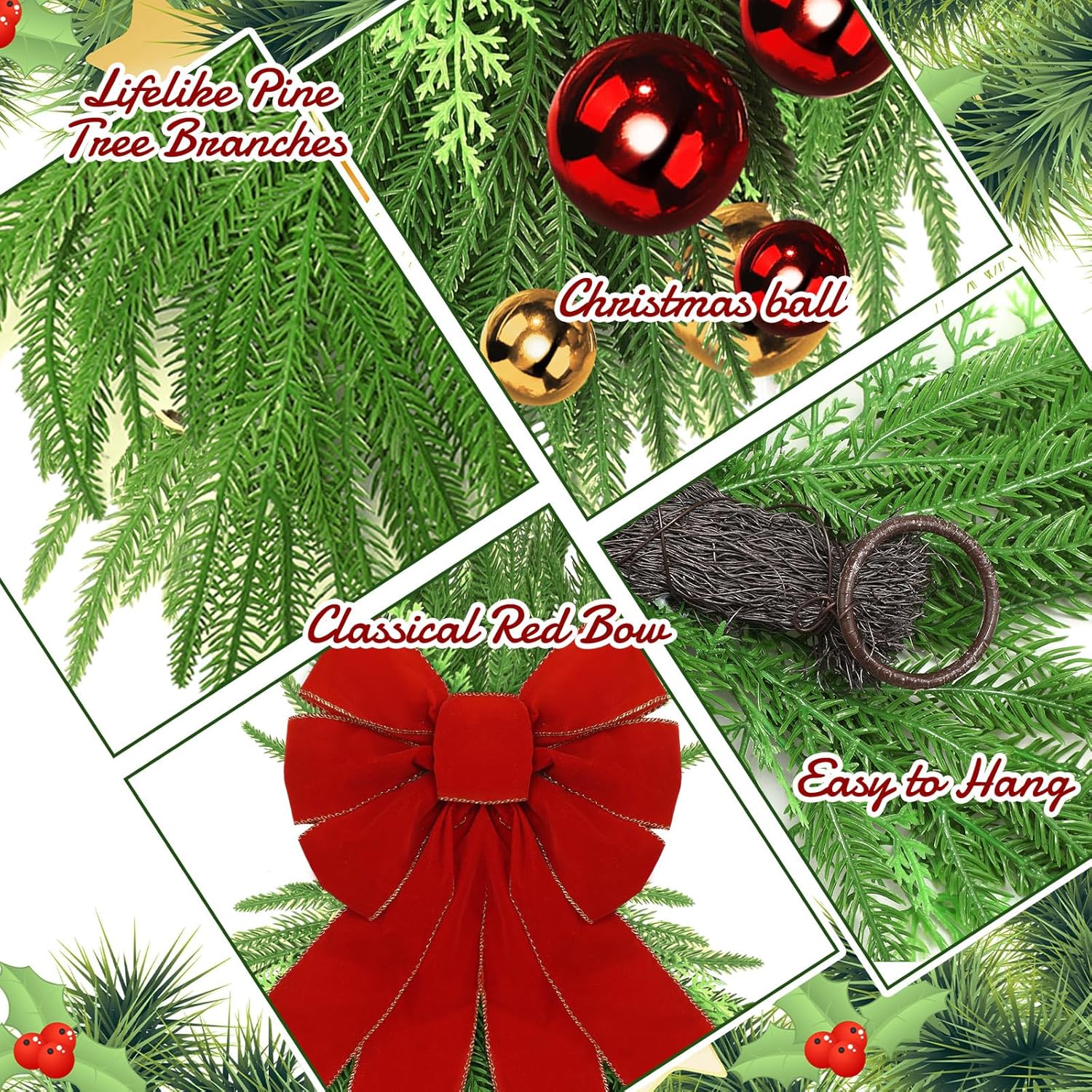 Soulchen 28 Inch Christmas Teardrop Swag Wreath Norfolk Pine Greenery Stairway Swag Winter Garland with Red Bow Red and Gold Balls Farmhouse Xmas Winter Wreath for Outdoor Indoor Front Door Home Decor