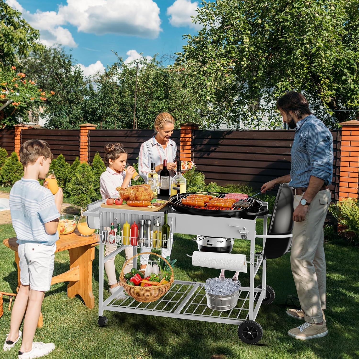 JY QAQA Grill Table for Weber 22" & 18" Original Kettle, Stand Cart for Jumbo Joe, Master-Touch, Performer Charcoal Grills with Sliding Lid Rack, Spacious Surface, Lockable Wheels for Outside