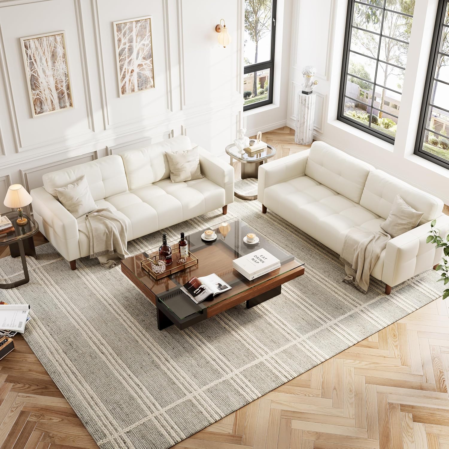 IDEALHOUSE 83” Beige Faux Leather Couch, 3 Seater Sofa Couches with 2 Removable Back Cushions for Living Room, Large Mid Century Modern Office Apartment Couch (Beige)