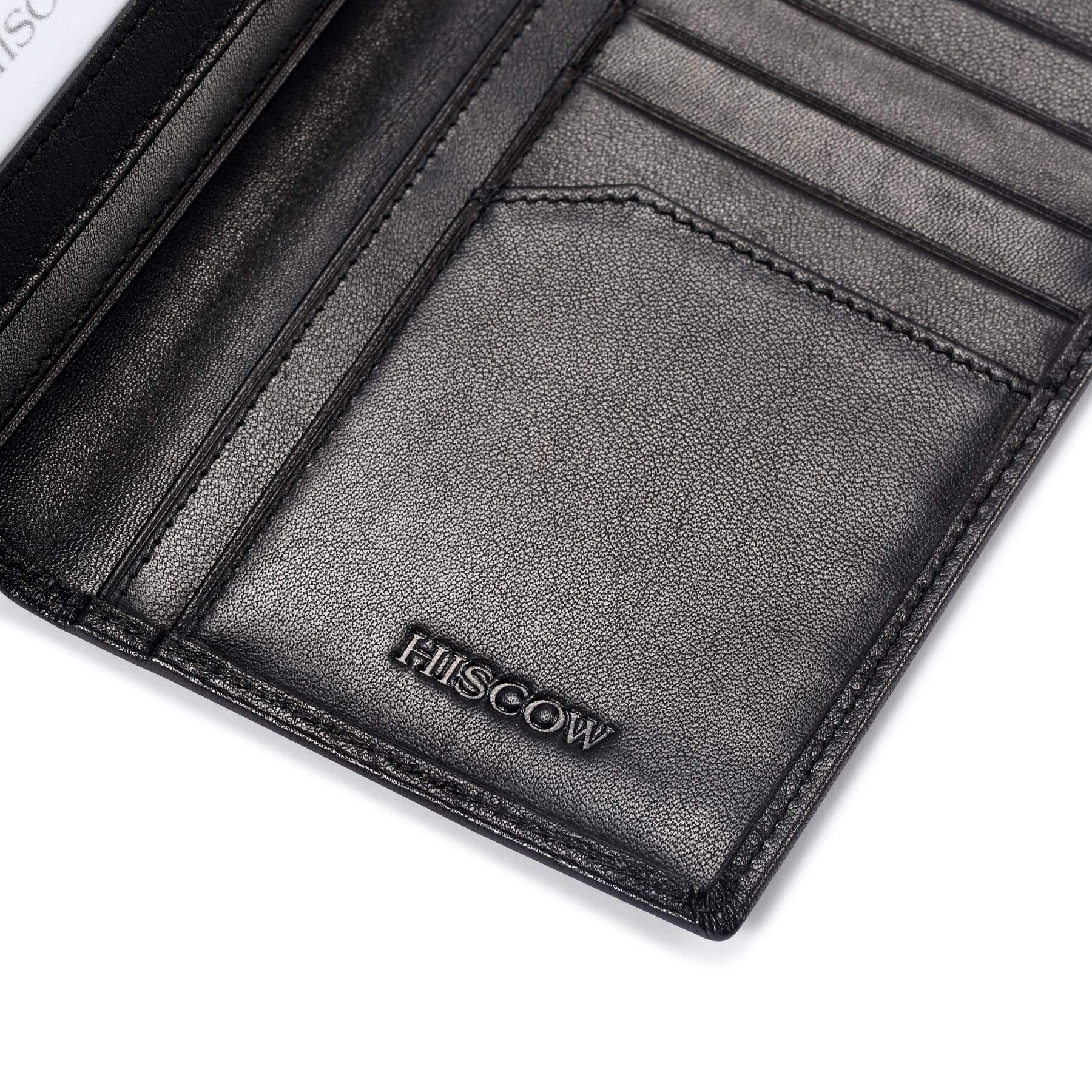 HISCOW Portafoglio lungo in pelle sottile per uomo e donna, pelle di vitello italiana, tasca sul petto per libretto degli assegni, carte di credito, Nero, L, Portafoglio bifold