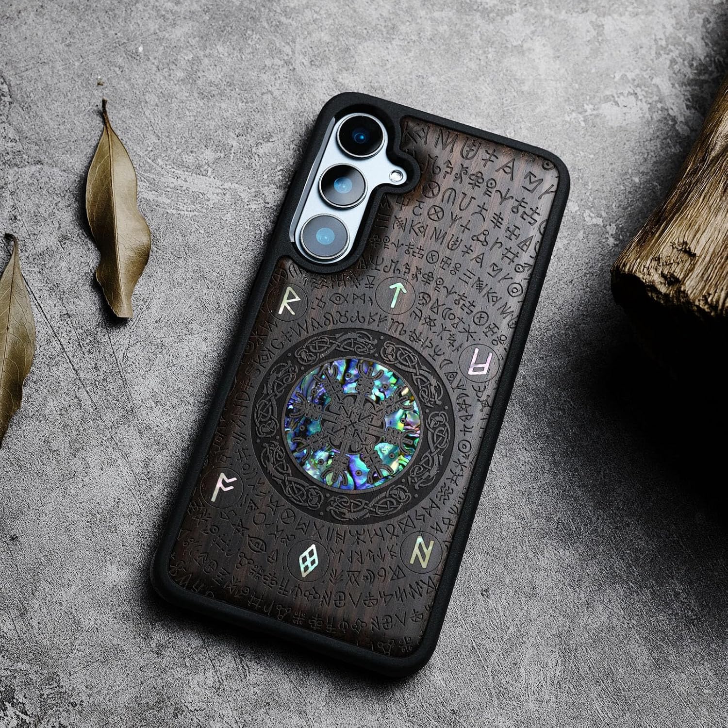 Carveit Designer Wooden Case for Samsung Galaxy S24 FE Case [Wood Engraving & Shell Inlay] Compatible with Wireless Chargers S24 FE Cover (Viking-Blackwood)