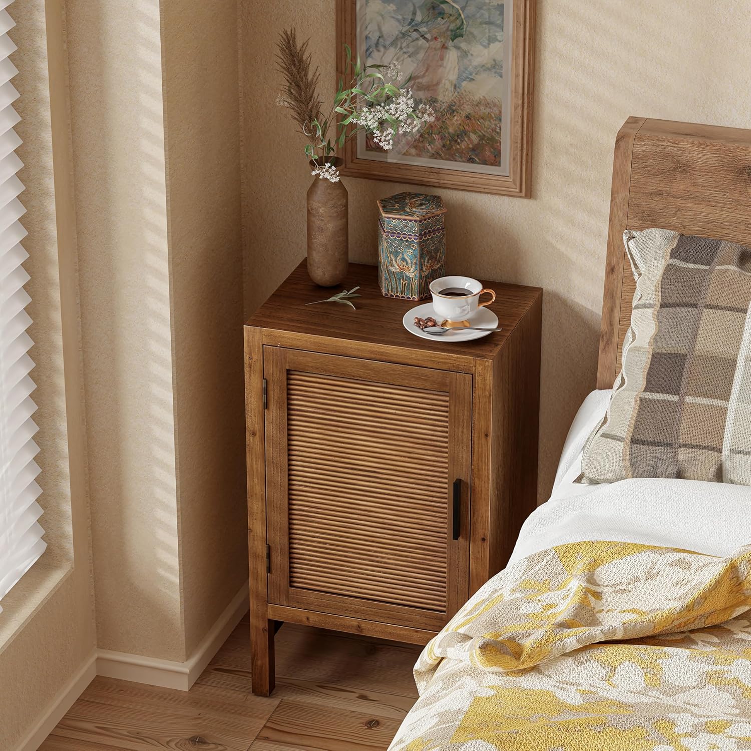 COZAYH 1 Door Farmhouse Nightstand, Rustic Slat Door Cabinet with 2 Shelves, Accent End Table with Storage for Bedroom, Brown