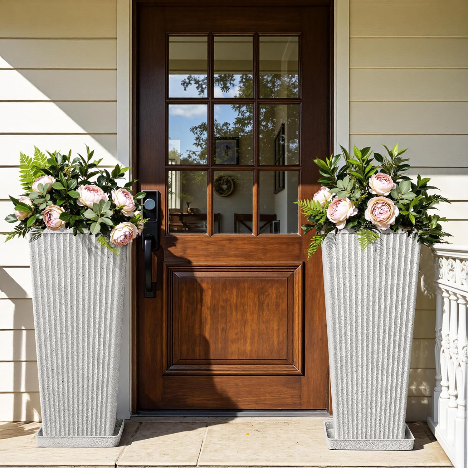 Front Porch Planters Outdoor Set of 2, 24" Tall Plastic Planters for Outdoor Plants with Drainage, Extra Large Outdoor Planter Pots, Tapered Tall Planters for Front Door & Indoor Plants, White