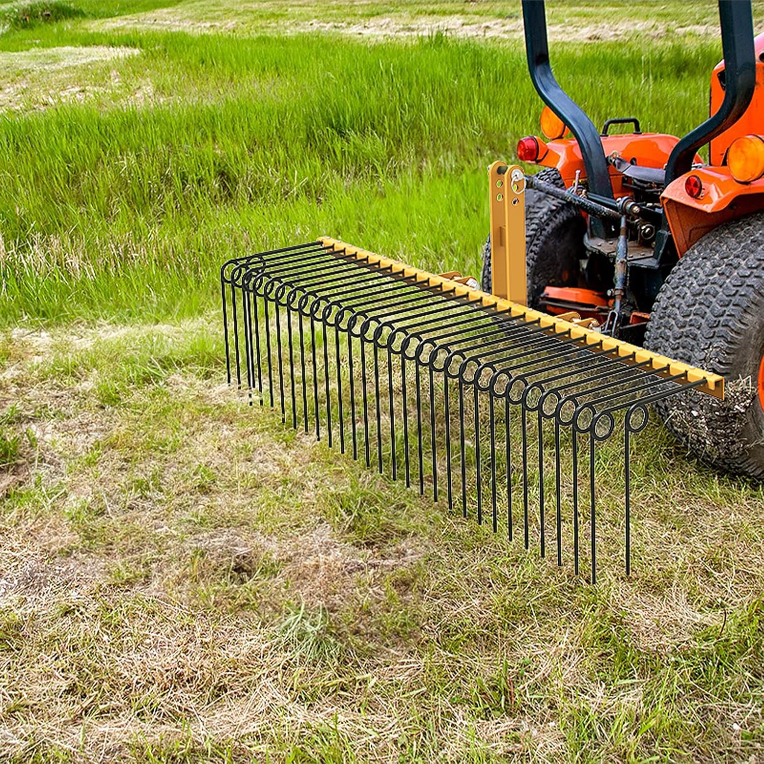 YINTATECH 3 Point Pine Straw Rake, Steel Spring Landscape Pine Needle Rake Fits for Category 1, 72", Yellow
