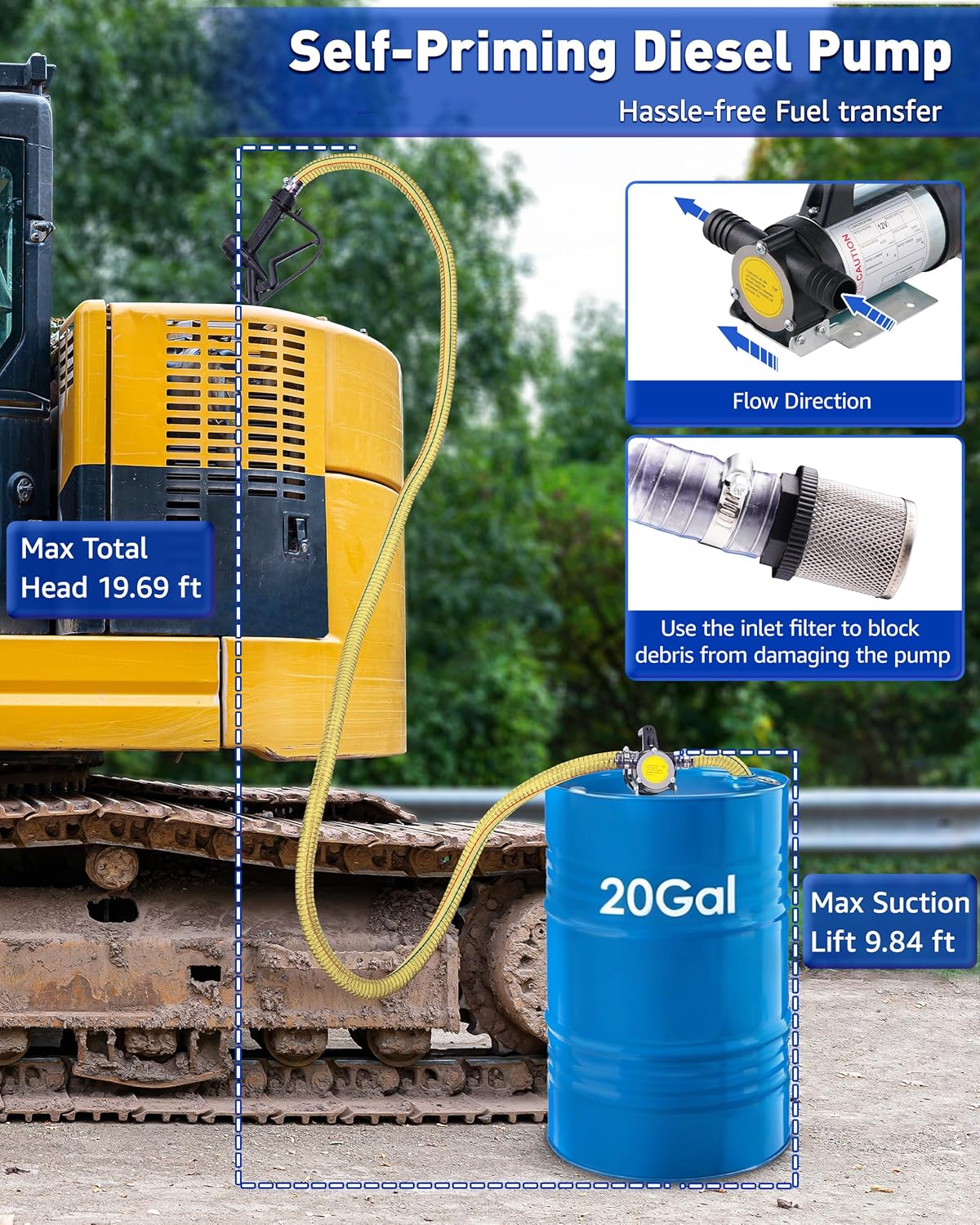 Electric Fuel Transfer Pump for Diesel, Kerosene, 12V 200W Diesel Transfer Pump, Professional Fuel Pump Kit with Nozzle & Hoses, Fuel Pump Kit for Boats, Machinery & Fuel Barrels