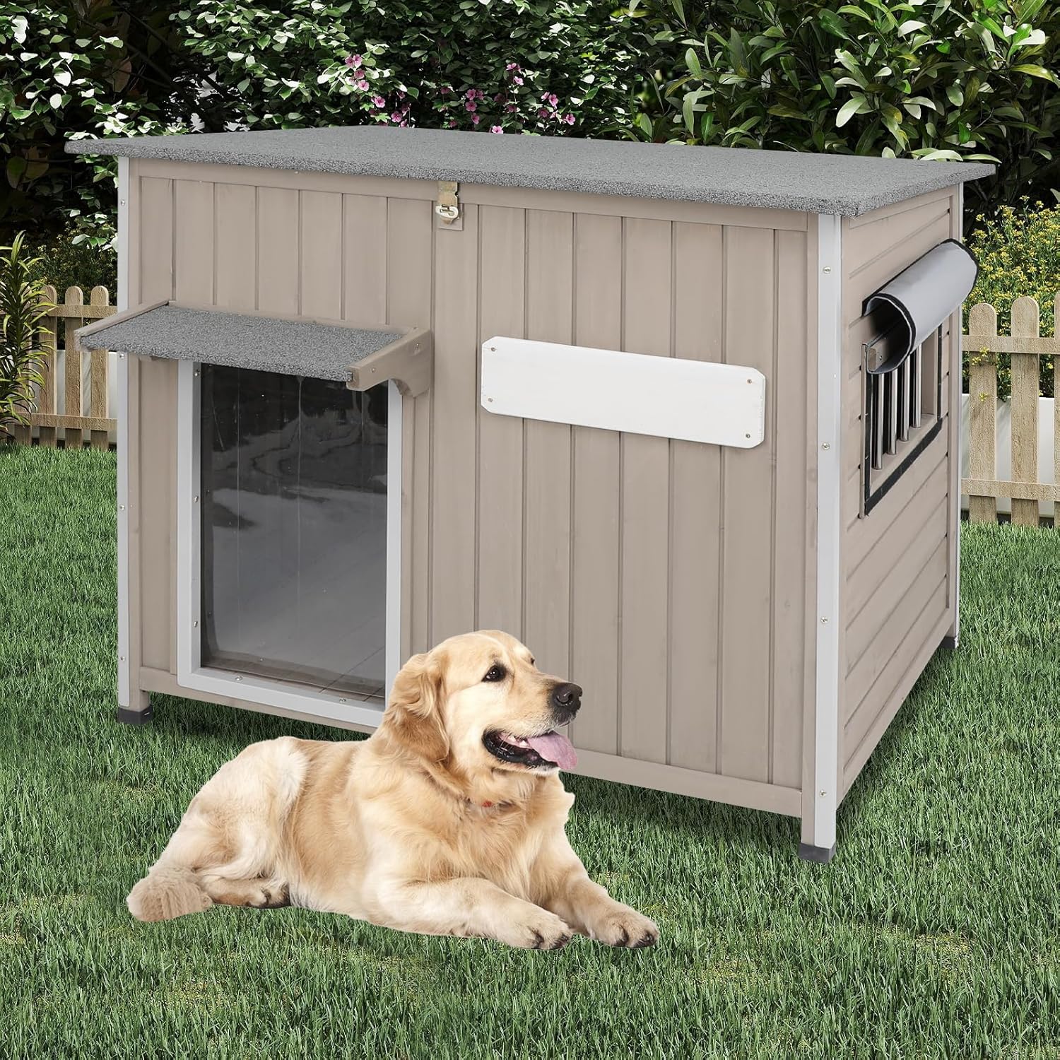 Outdoor Dog House Weatherproof, Wooden Puppy Shelter with Anti-Chewing Iron Frame and Elevated Floor, Sturdy Dog Kennel for Small, Medium & Large Dogs (Gray, 40" L x 26" W x 31" H)