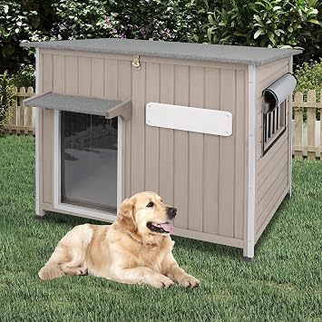 Outdoor Dog House Weatherproof, Wooden Puppy Shelter with Anti-Chewing Iron Frame and Elevated Floor, Sturdy Dog Kennel for Small, Medium & Large Dogs Gray, 40" L x 26" W x 31" H