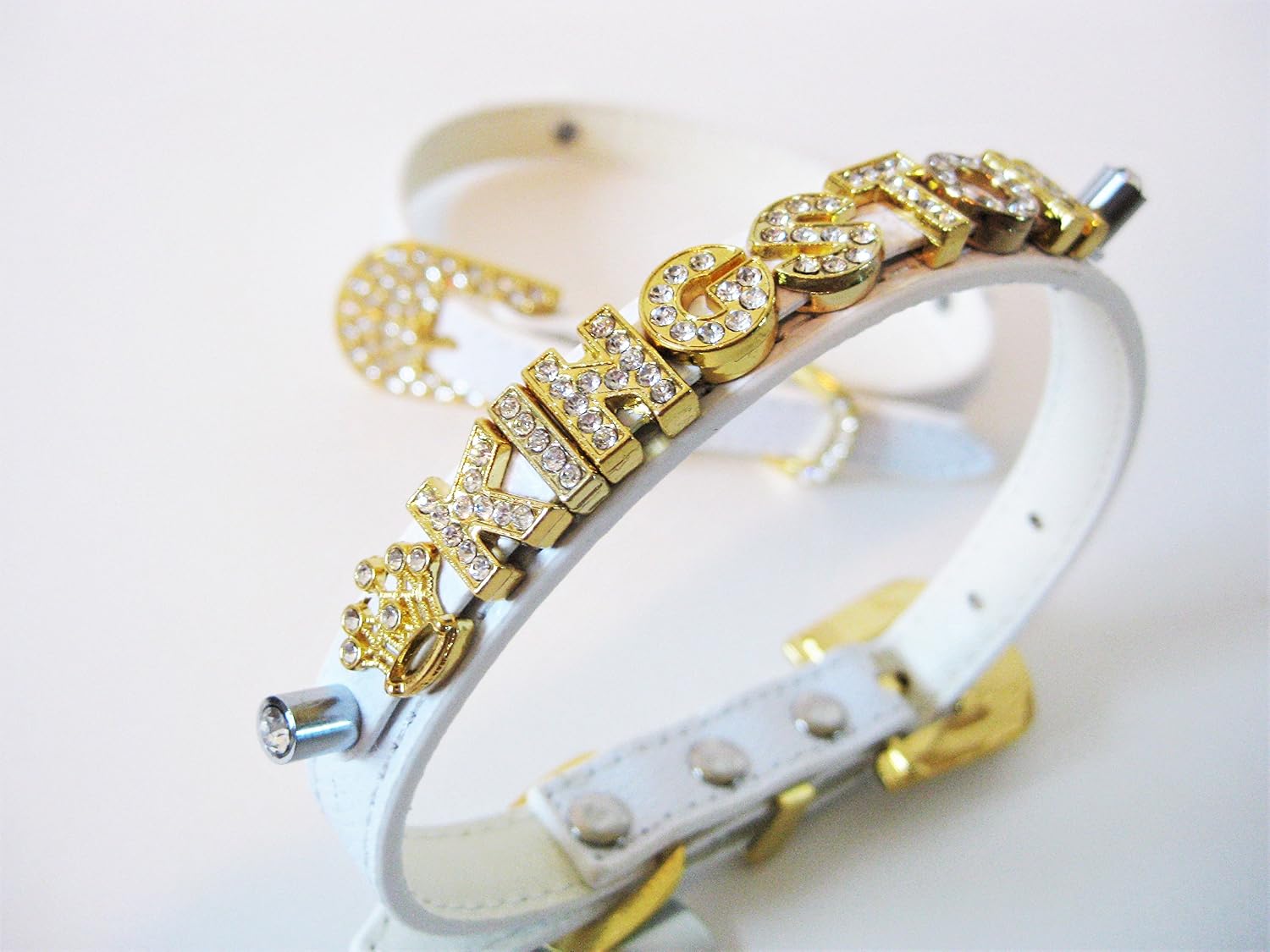 White and Gold Personalized Dog Collar | Bling Dog Collar | S M L (M w/Leash)