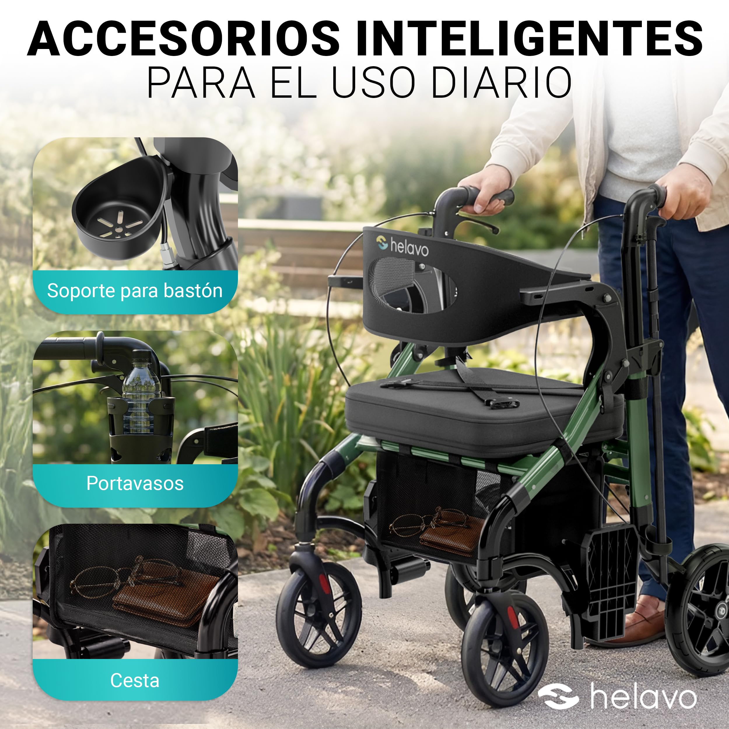 Helavo Rollator y Silla de Ruedas 2 en 1 con Ruedas Todoterreno – Andador Ligero con Función Silla de Ruedas, Plegable, Altura Ajustable, Capacidad de Carga hasta 136 kg