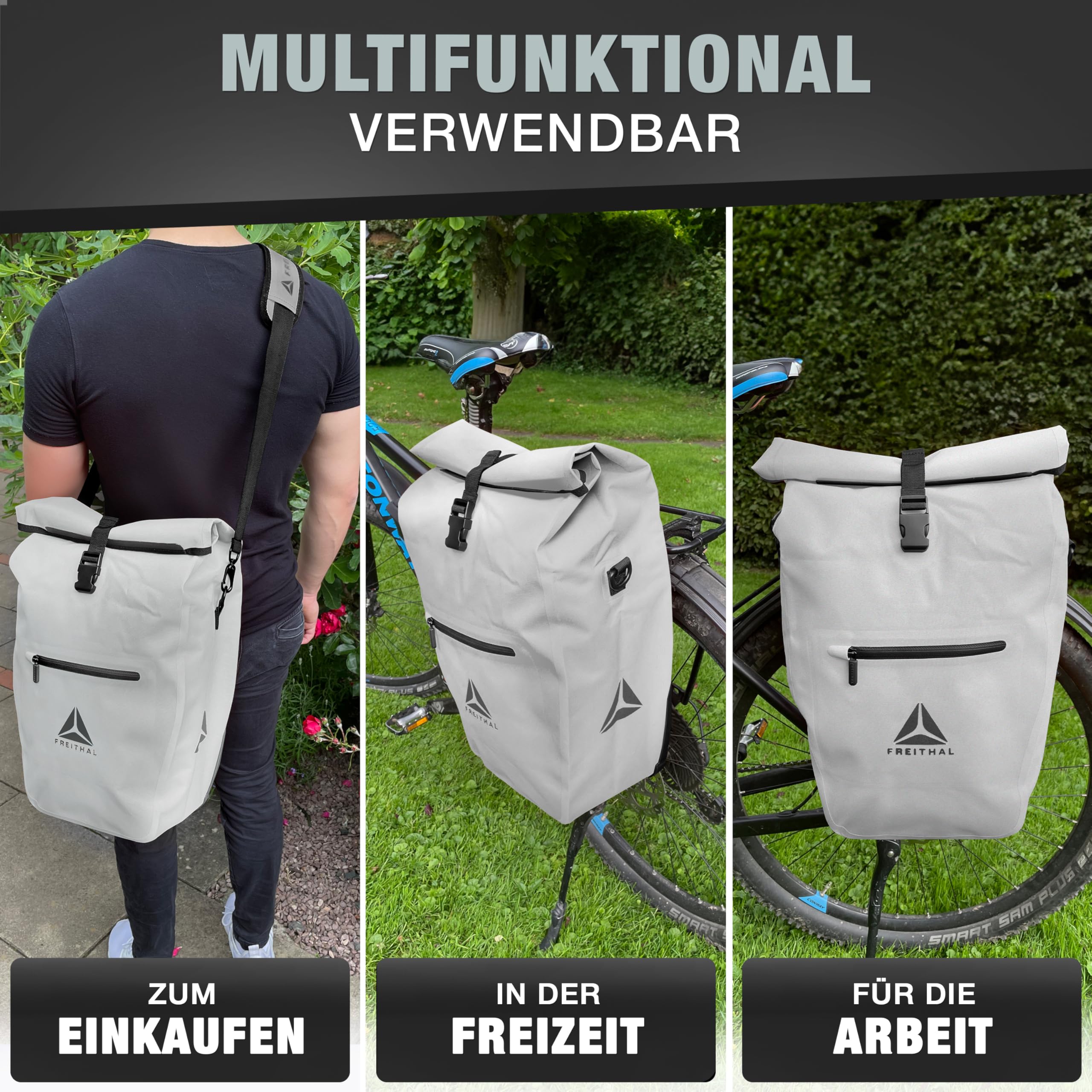 FREITHAL - Vollreflektierende Fahrradtasche für Gepäckträger [27L] - Verwendbar als Gepäckträgertasche & Umhängetasche - 100% wasserdichte & Reflektierende Fahrradtasche Gepäckträger - Bike Bag