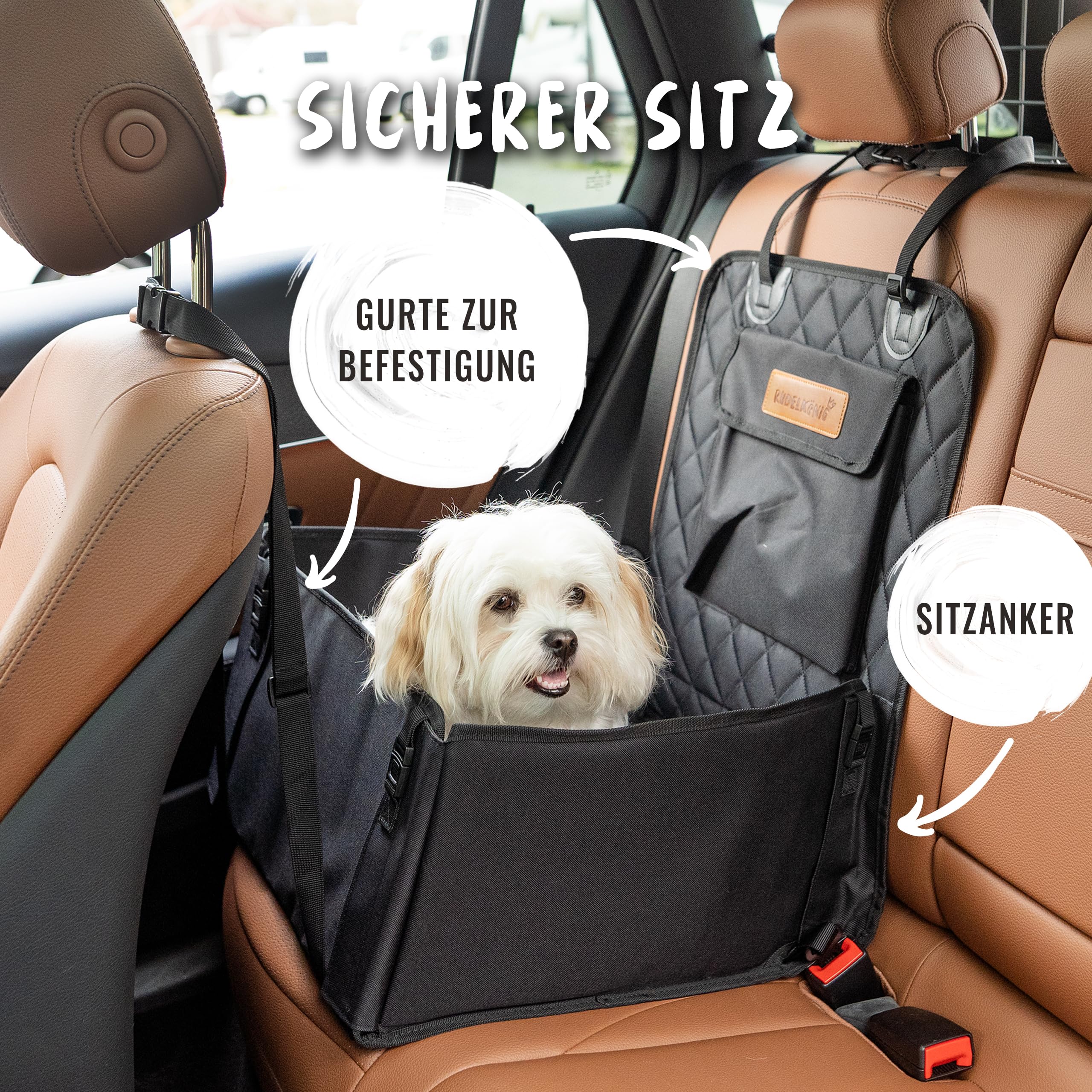 Rudelkönig Autositz für Hunde - Wasserabweisender Hundesitz für Auto Rückbank - Hundekorb für kleine und mittlere Hunde in schwarz