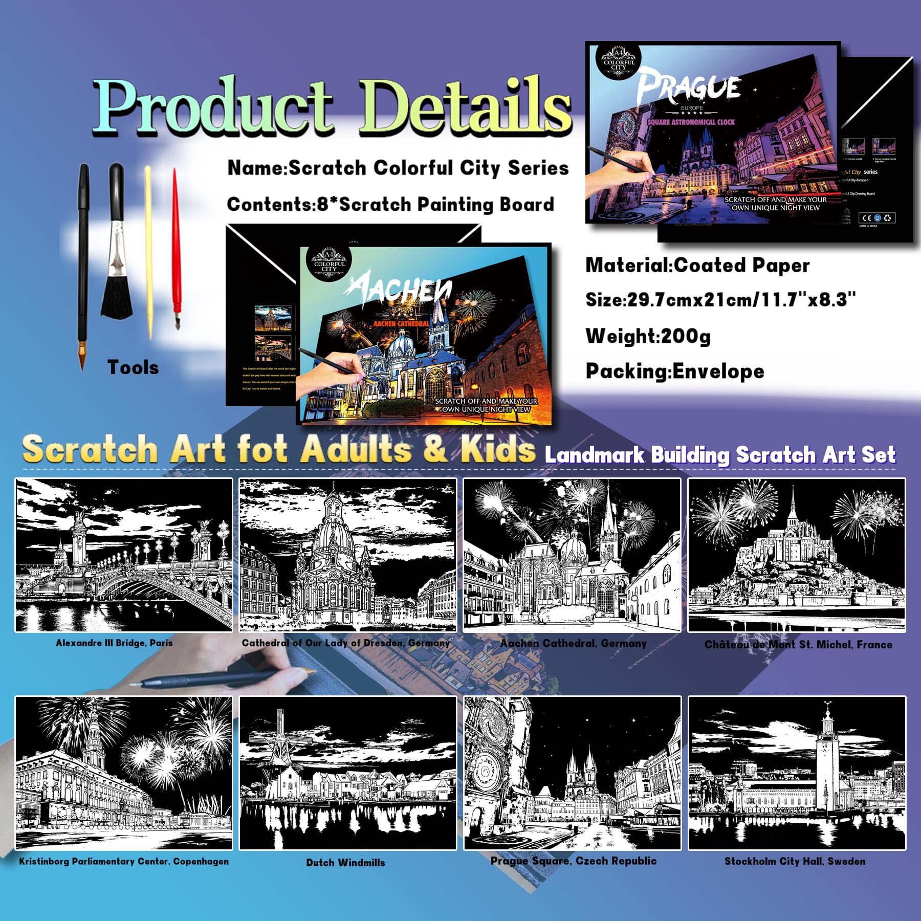 DESINIK Scratch Painting Art Paper, Scratch Art for Adults & Teens: Premium DIY Craft Kit with Tools - Image 2