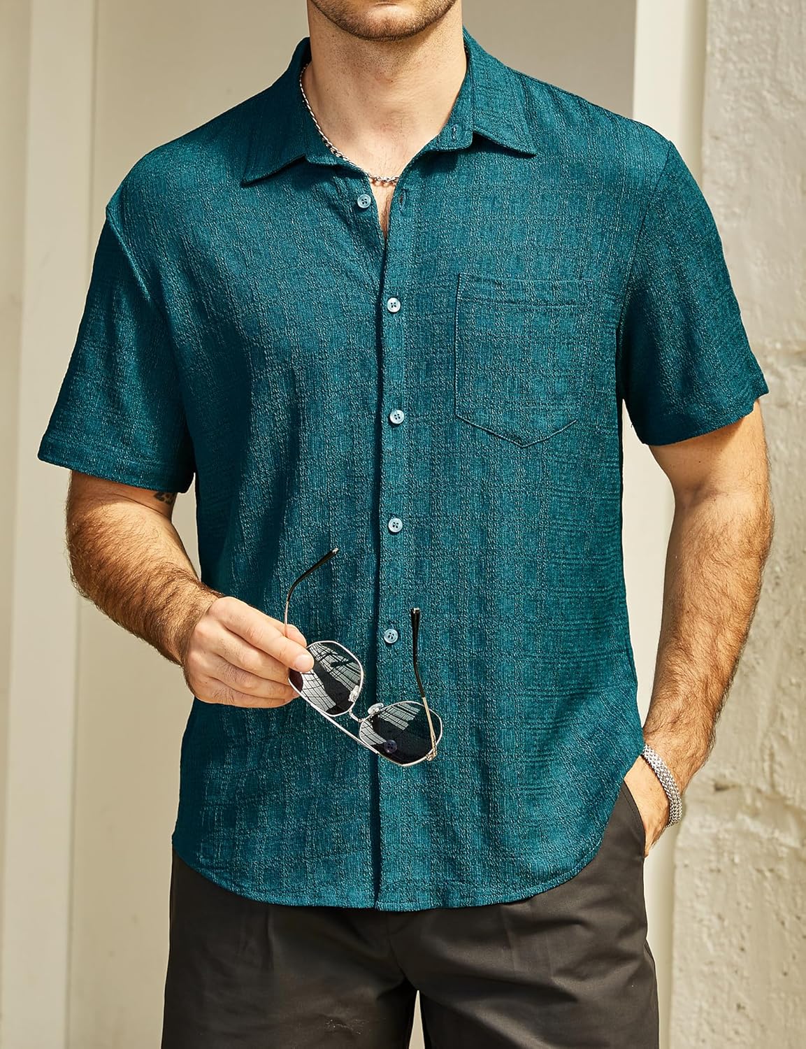 Mens Casual Button Down Short Sleeve Shirt Textured Vacation Shirts Beach Hawaiian Summer Wedding Shirts with Pocket - Image 2