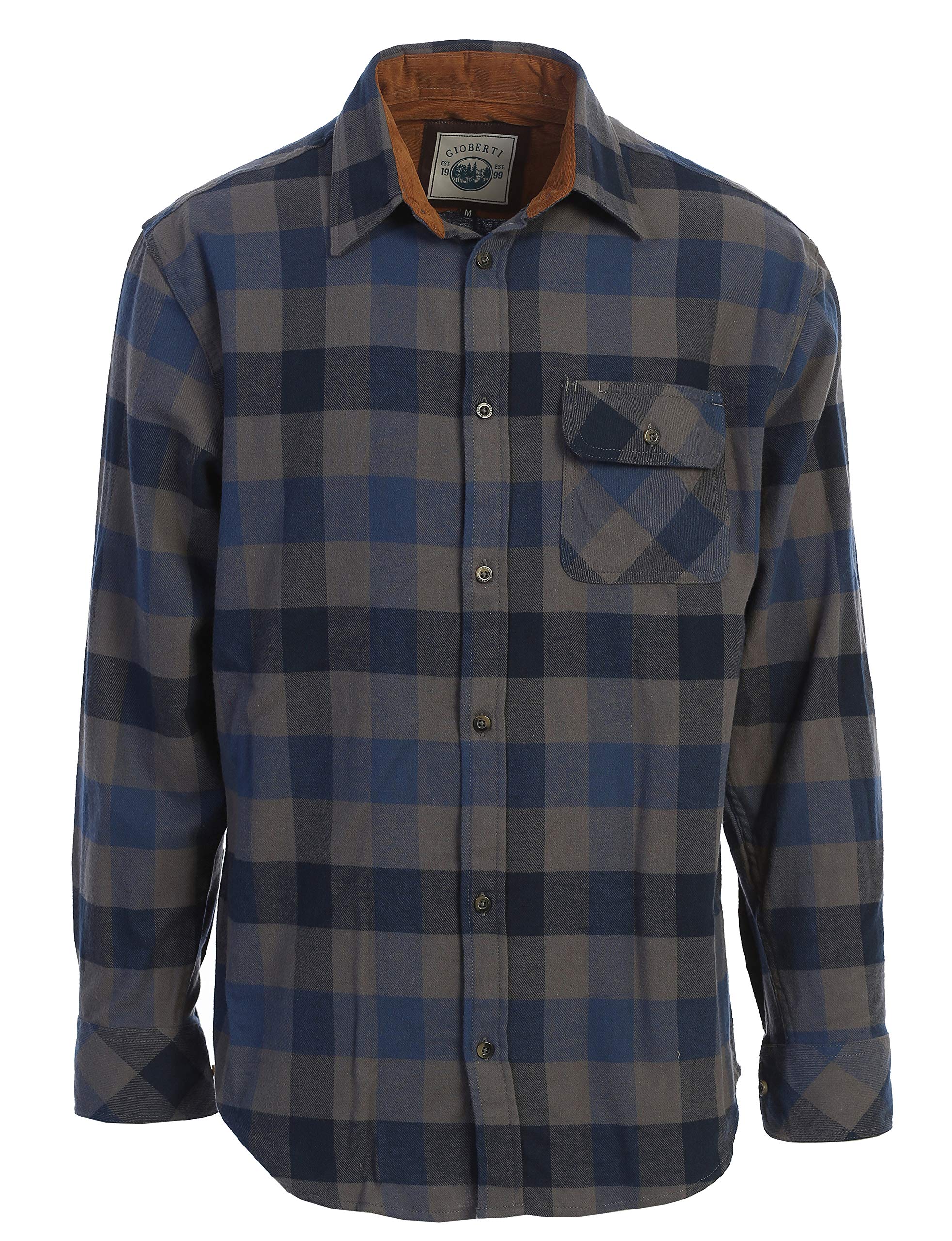 GiobertiMen's Brushed Flannel 100% Cotton Plaid Checkered Shirt with Corduroy Contrast