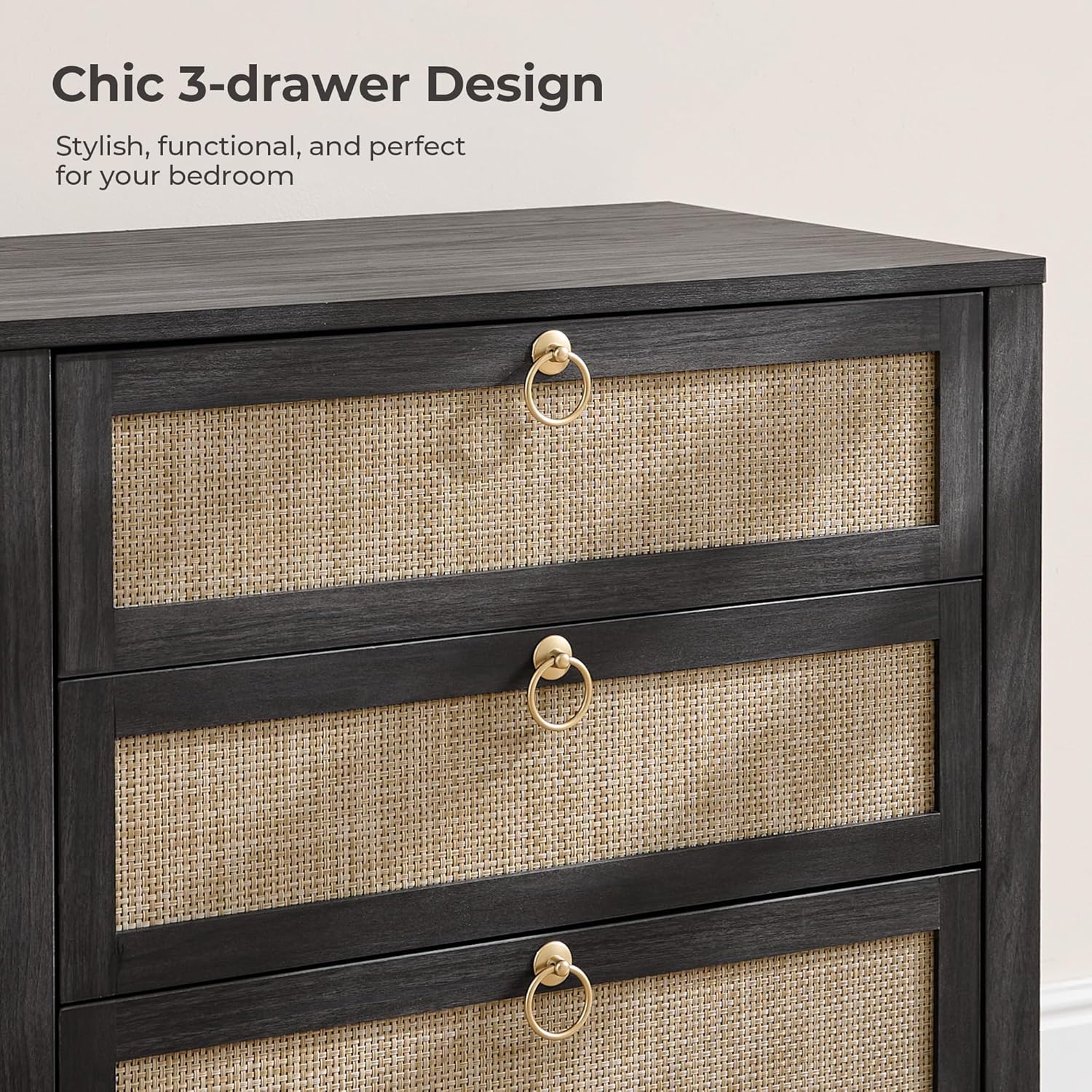 SICOTAS Nightstand Set of 2 with Drawers, Rattan Nightstands, Large Modern Boho Night Stand Wide Bedside Tables for Bedroom