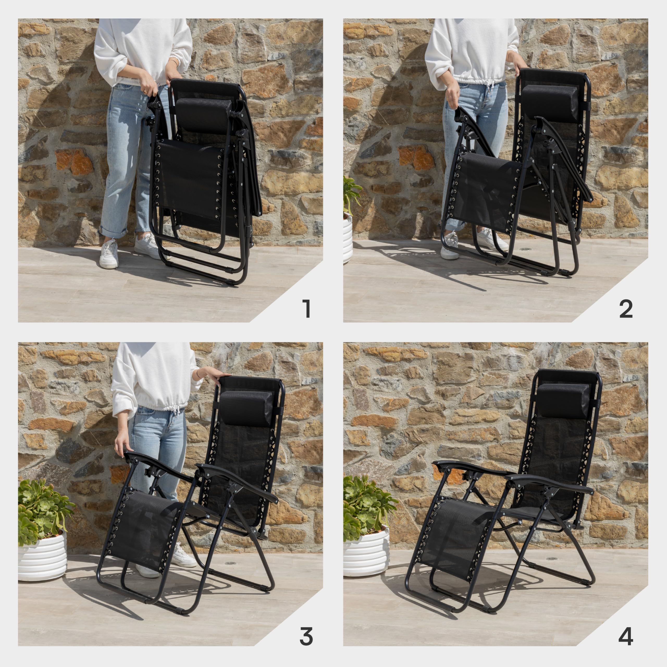 Baroni Home Sedia Sdraio Zero Gravity da Giardino, Chaise Longue Pieghevole da Esterno, Sdraio Salvaspazio per Piscina e Terrazzo, Poltrona Relax, 165x65x93 cm Nero