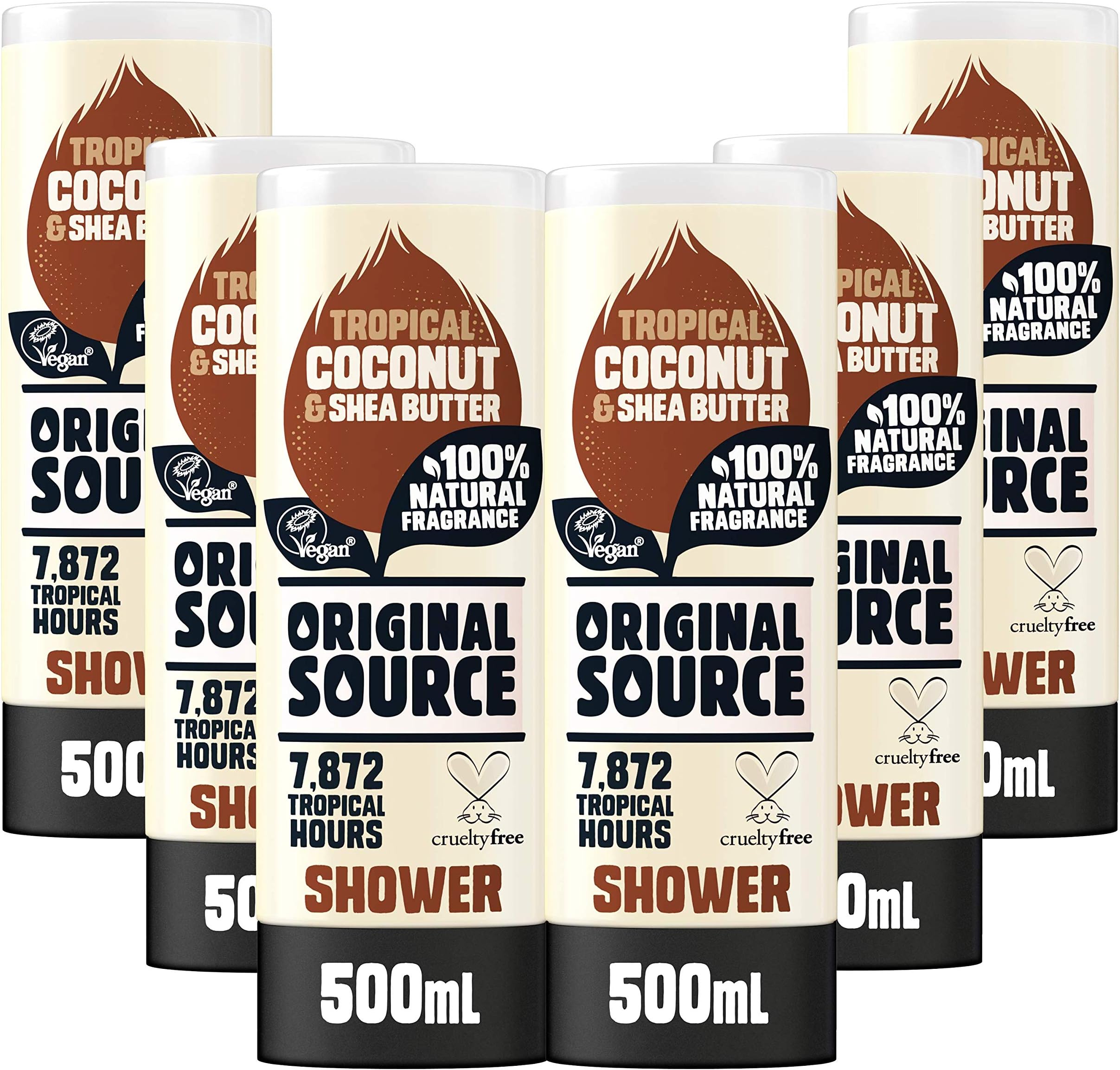 Original Source Coconut and Shea Butter Shower Gel, 100 Percent Natural Fragrance, Vegan, Cruelty Free, Paraben Free, Bulk Buy, Pack of 6 x 500 ml