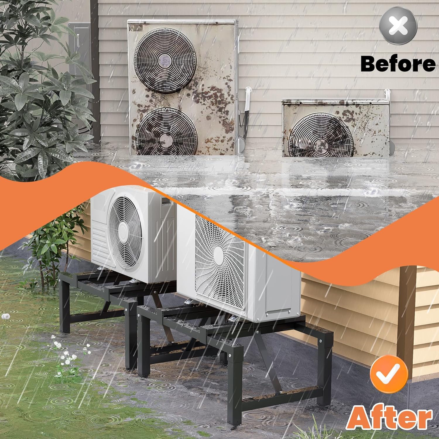 GCGOODS Preassembled Mini-Split Ground Stand, Ground Stand with 2 Support Bars for Mini Split, Ductless Air Conditioner and Heat Pump Systems of 9,000-36,000 BTU, Support up to 400 LBS, Black