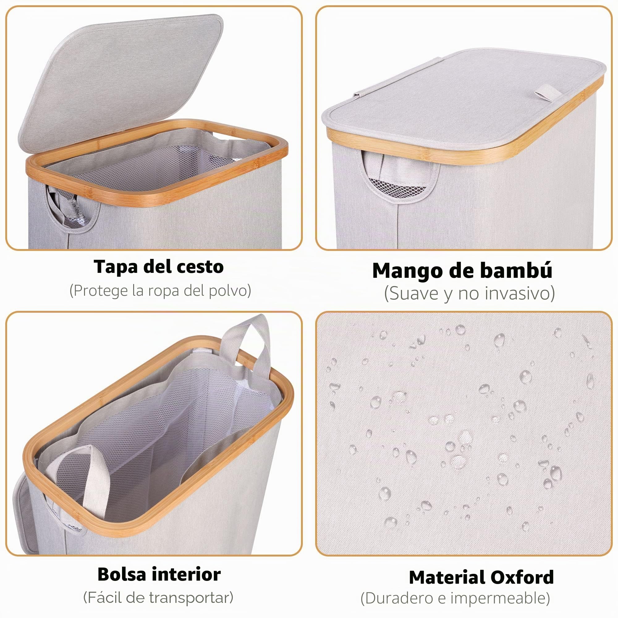 Cesto Ropa Sucia Bambú 60L con Tapa, Cesta Delgado con Bolsa Interior Extraíble, Laundry Basket Plegable para Lavadero Dormitorio Gris claro