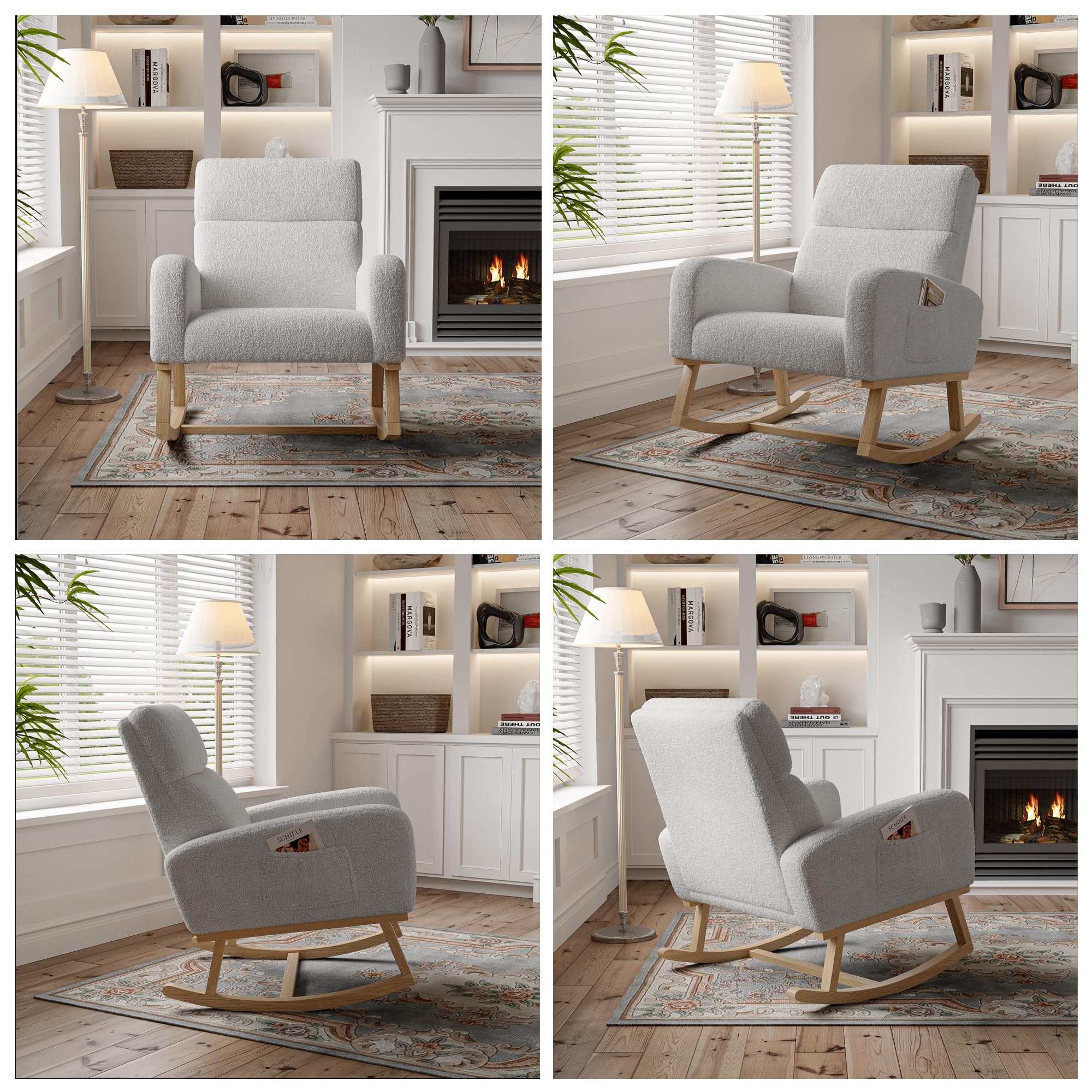 Sillón mecedora con base de madera y respaldo alto, sillón con 2 bolsillos laterales, tela de peluche, sillón relax para salón, dormitorio, zonas de descanso (gris claro)
