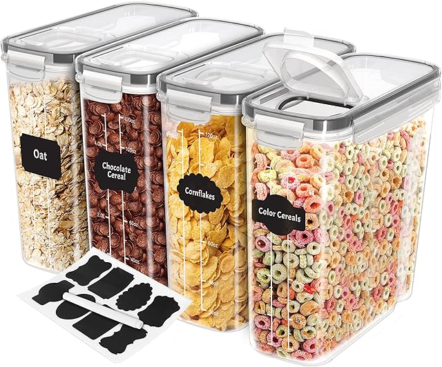 KICHLY Cereal Storage Container (Set of 4)  BPA Free Plastic  Airtight Kitchen Storage Containers -Dry Food Storage  Cereal Dispenser for Kitchen & Pantry