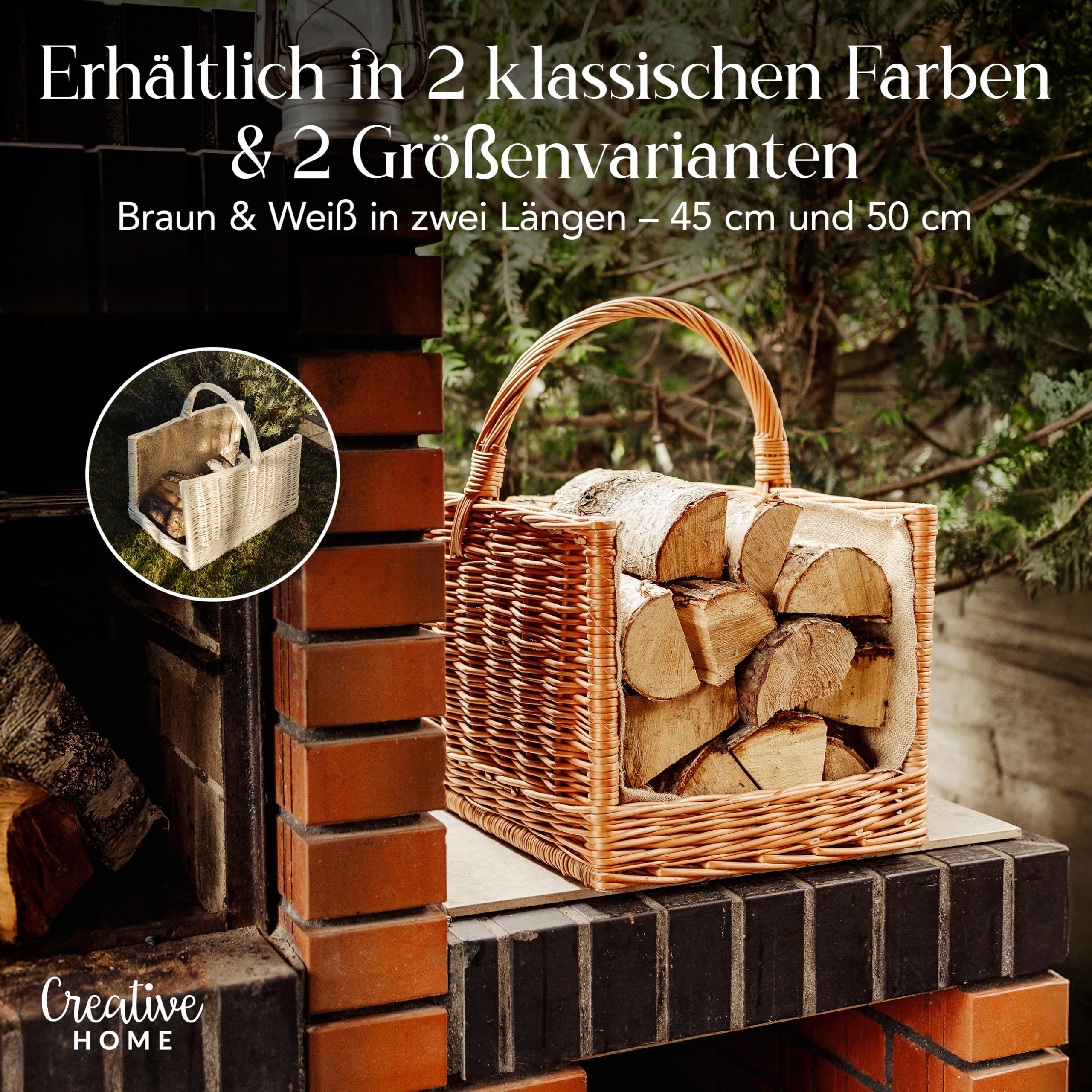 Creative Home Groß Kaminkorb Holzkorb Kaminholzkorb Rattan | 45 x 30 x 47 cm | Aufbewahrung Rechteckig Weidenkorb für Kaminholz/Holz | Braun Dick Weide Feuerholzkorb Holztrage Tragekorb