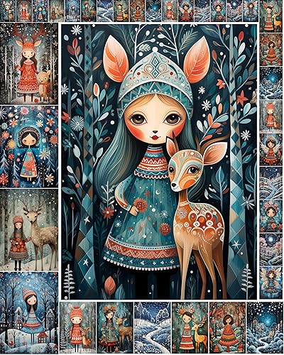 Decoupage - Paquete de papel (35 hojas de 6 x 8 pulgadas), diseño de hadas navideñas dulces con ciervos en pueblos nevados FLONZ, tarjetas de