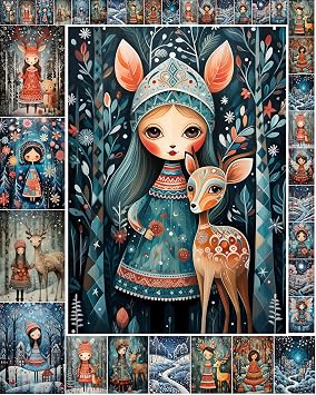 Decoupage Paper Pack 35 Sheets 6 "x8" Sweet Christmas Fairies with Deer in Snowy Villages FLONZ Vintage Illustration Pictures Cards for Decoupage، Craft and Scrapbooking