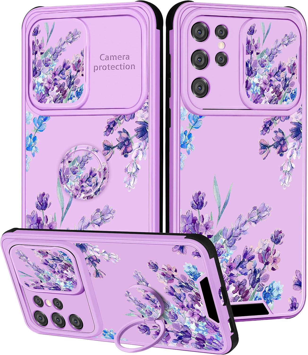 Goocrux (2in1 for Samsung Galaxy S21 Ultra Case Floral Flowers Women Girls Girly Phone Cover Cute Purple Plants Design with Slide Camera Cover+Ring Holder Lavender Flower Cases for S21 Ultra 6.8”