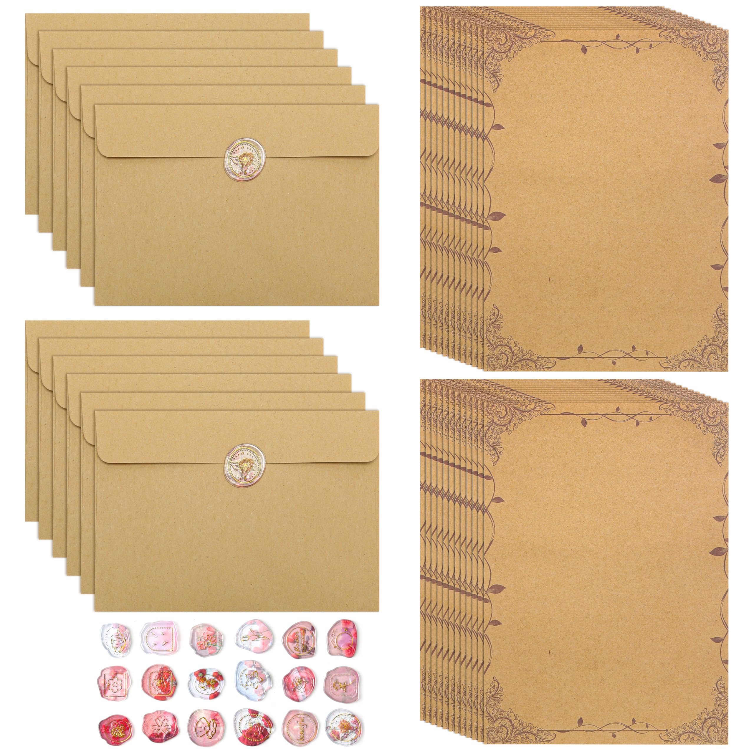 24 Pcs Vintage Envelopes and Paper A5, Retro Letter Writing Set, Old Kraft Paper Envelopes with Wax Seal, Letter Writing, as Gifts