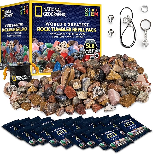 National Geographic Rock Tumbler Refill 2.27 Kilogram Mix of Rocks and Gemstones for Rock Tumblers, Includes Agate, Jasper, Petrified Wood, Gemstone, 5 Jewellery Settings and Polishing Grit
