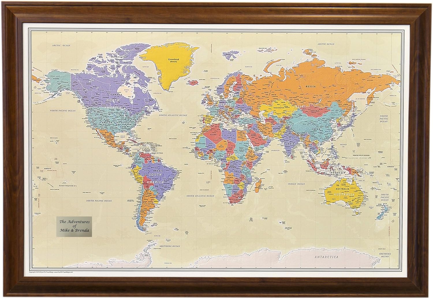 Personalized Push Pin Travel Map with Brown Frame and Pins - 27.5 inches x 39.5 inches - Tan Oceans
