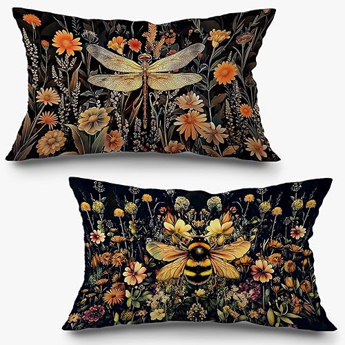 Moody Vintage Dragonfly Bee Floral Pillow Covers 12x20 Set of