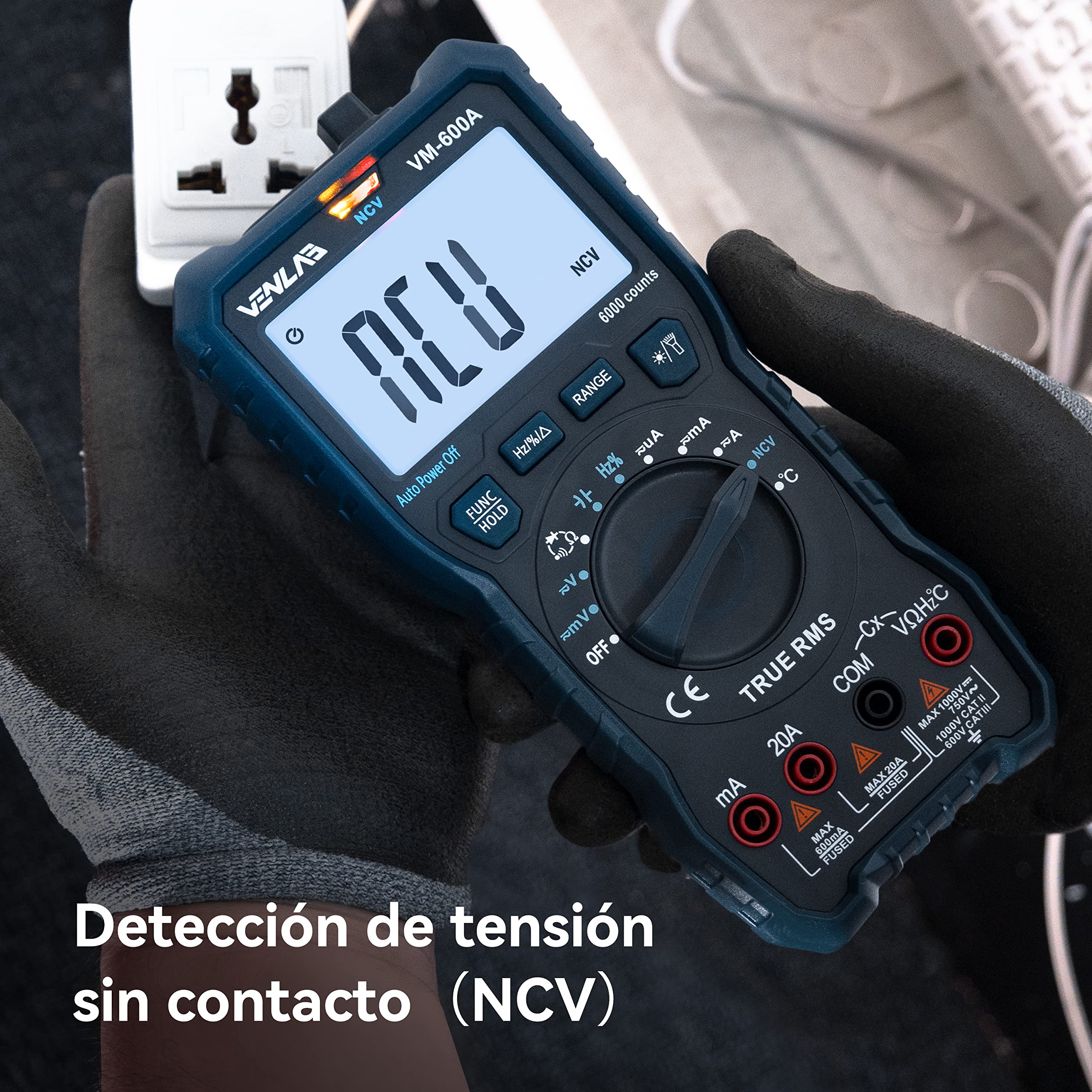 Multímetro digital VENLAB, Polimetro TRMS 6000 cuentas,Voltimetro, Mide Voltaje y Corriente CC/CA, Resistencia, Diodo, Continuidad, Ciclo de trabajo, Capacitancia y Temperatura, VM-600A