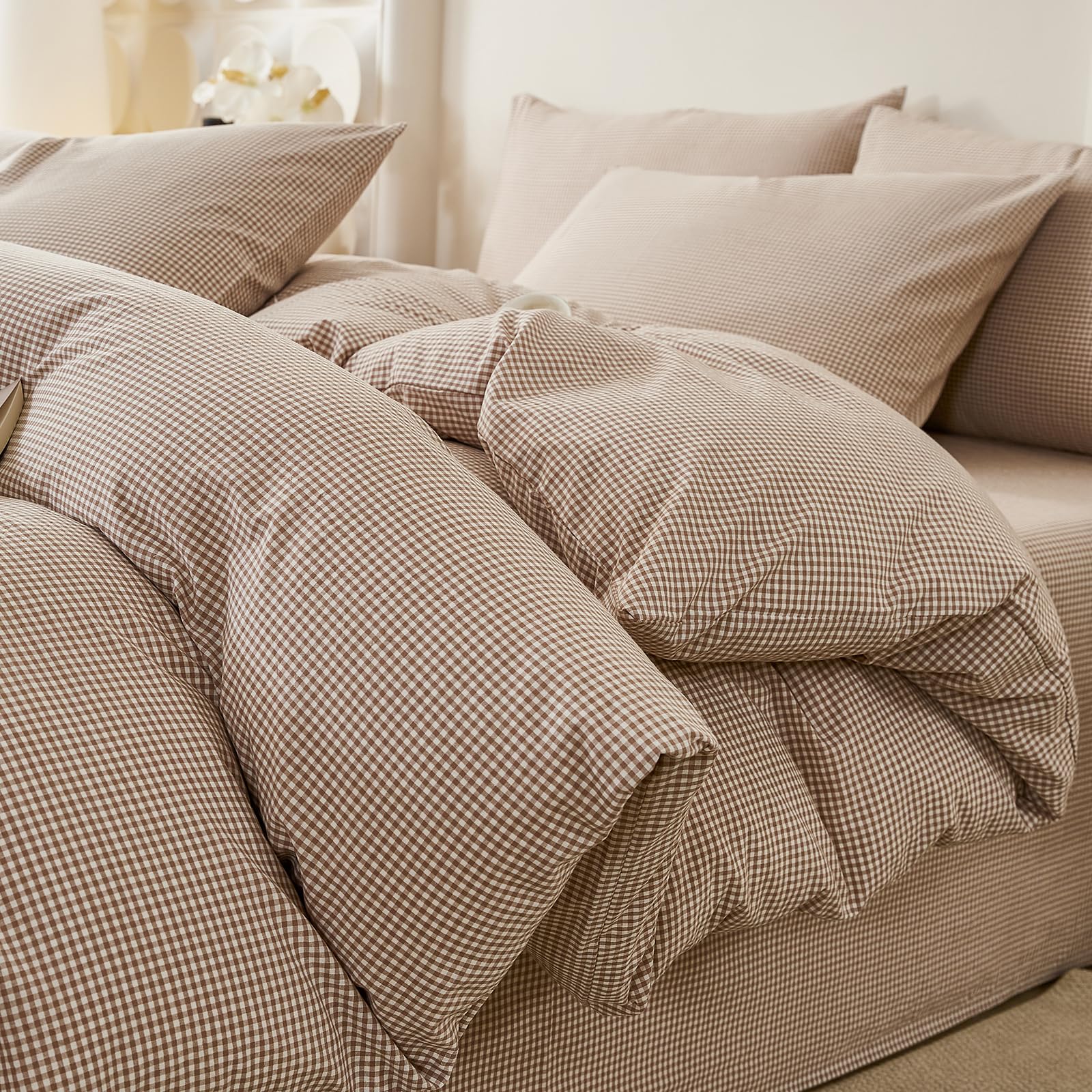 EAVD Tan Plaid Gingham Duvet Cover King Soft 100% Washed Cotton Reversible Tan and White Plaid Duvet Cover with 2 Pillowcases Farmhouse Ginggham Bedding Set with Zipper Closure