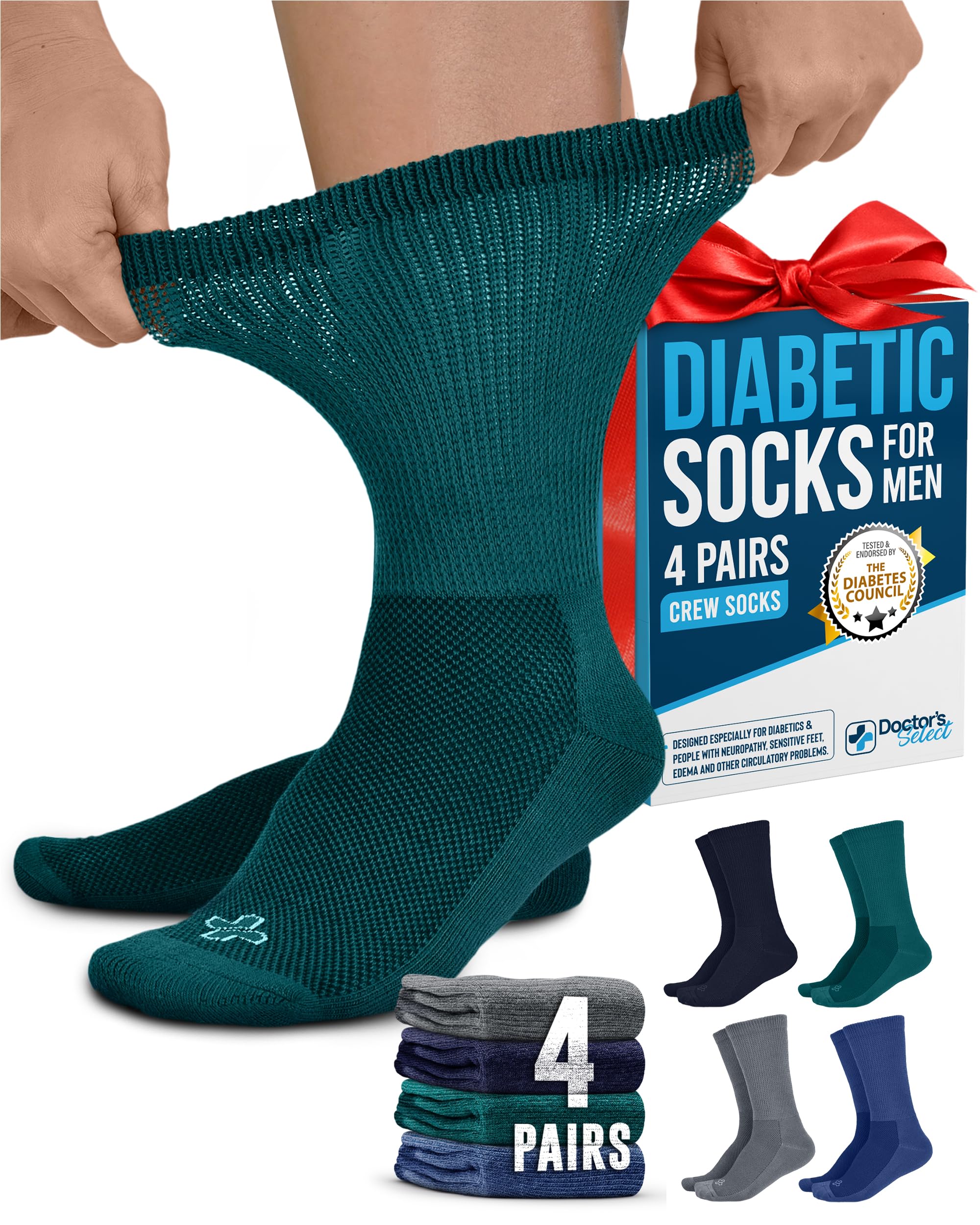 Doctor's Select Diabetic Socks for Men - 4 Pairs Crew Diabetic Neuropathy Socks for Men | Diabetic Socks for Men 9-12