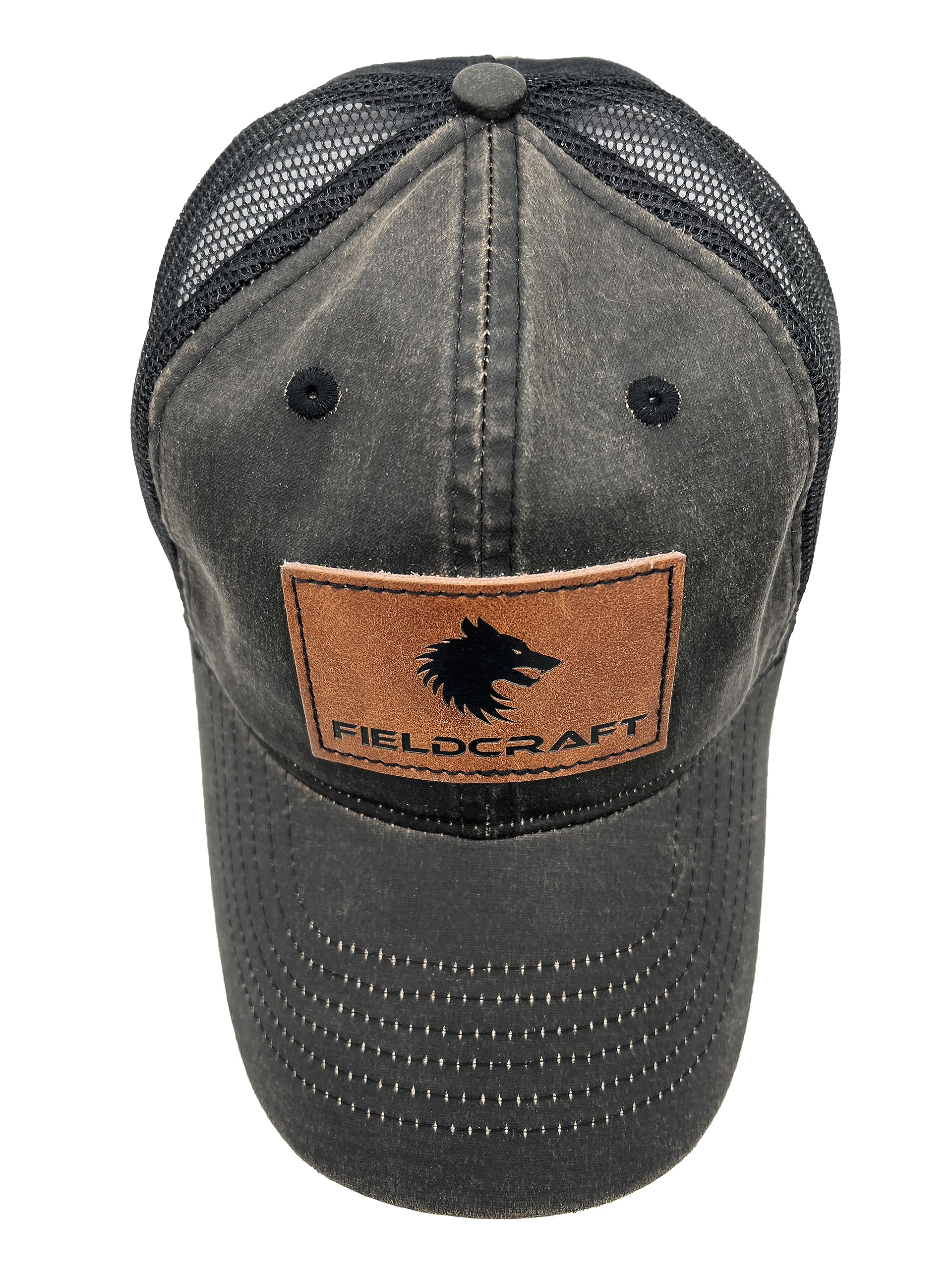 FIELDCRAFTWaxed Canvas Trucker Hat Leather Patch Adjustable Snap Back Brown Black Wolf Logo