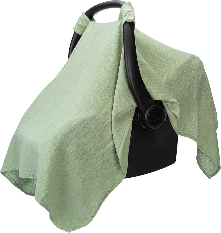 Comfy Cubs Baby Car Seat Cover - Soft, Breathable Bamboo Rayon and Muslin Cotton Blend - Lightweight Canopy for Sun, Bug, and Comfort Protection - Large Size Infant Seat Cover in Sage Design