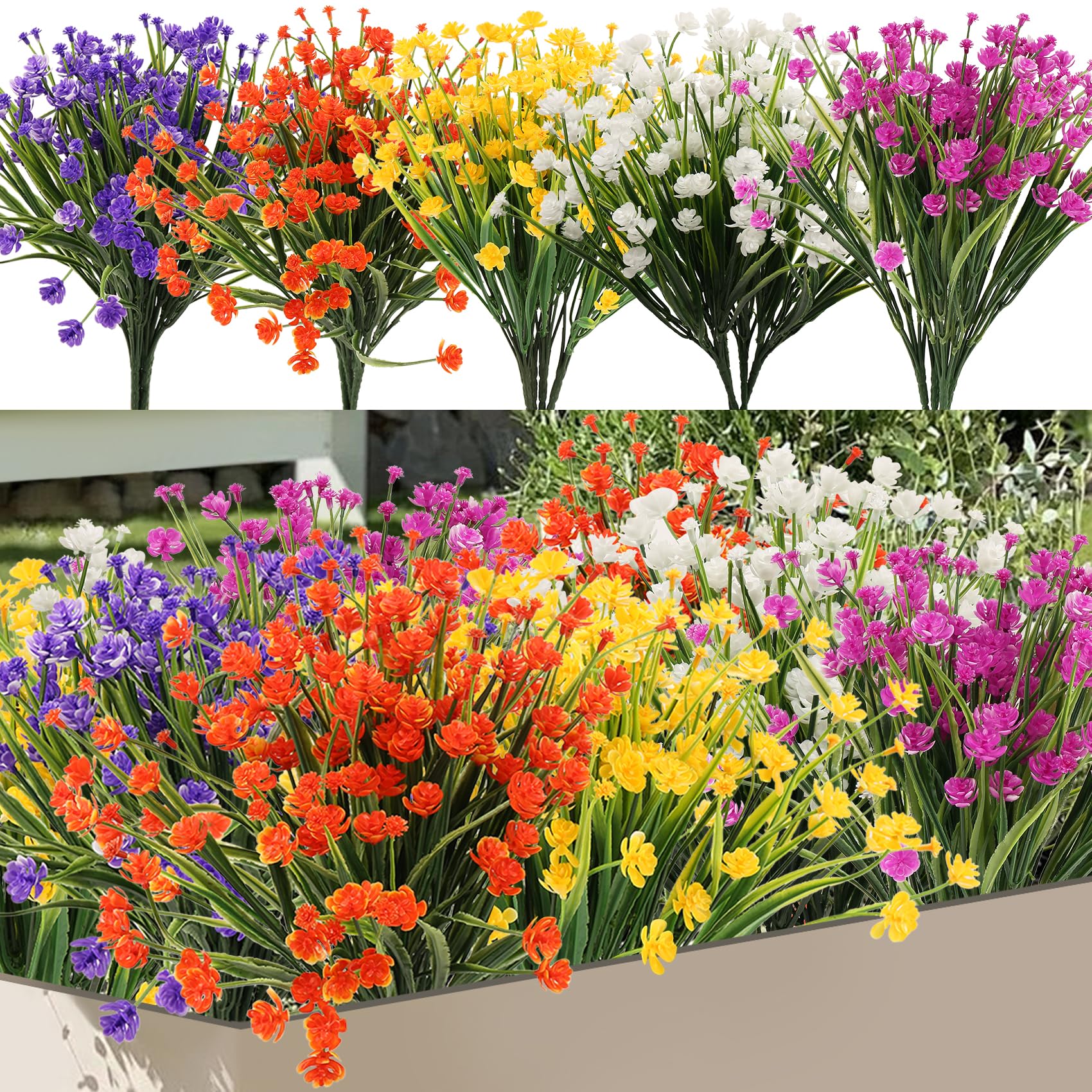 Giyofom 20 Bundles Artificial Fake Flowers, UV Faux Flowers Arrangement, Fake Plants Greenery Shrubs for, Home Garden Patio, Porch, Hanging Planter, Window Box Farmhouse (5 Colors)
