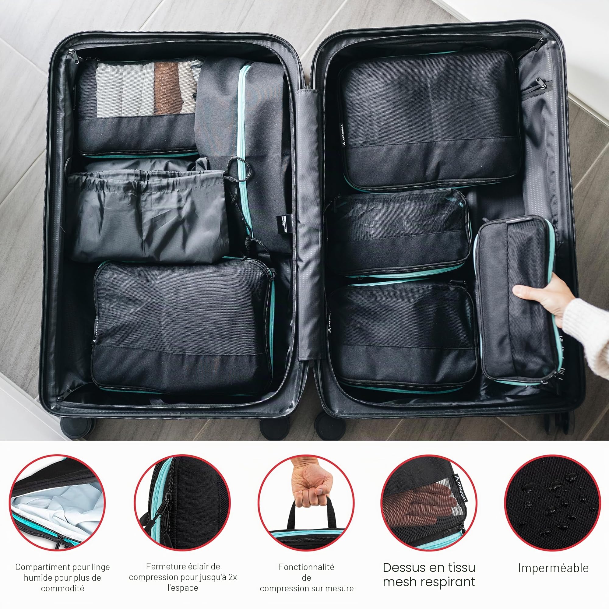ATACAMA Lot de 8 cubes de compression – organiseurs de voyage compressibles pour valise et sac à dos – sacs de rangement légers noir