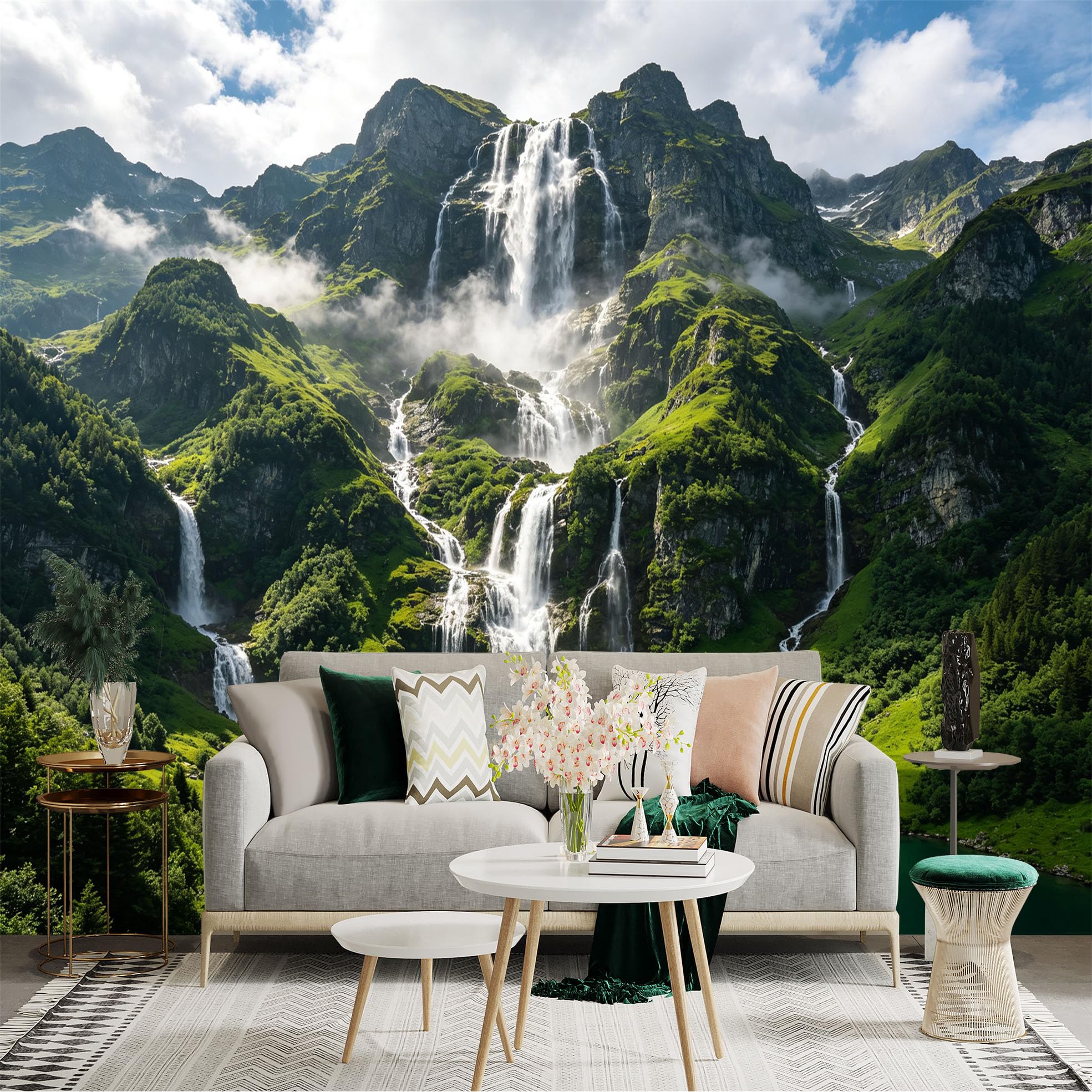 Custom Size Wall Sticker Mural， Majestic Waterfall， Green Mountain Cliffs， Misty Alpine Lake， Serene Nature Landscape， for wall Decoration， peelandstick wall Decals.