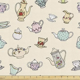 Ambesonne Tea Party Fabric by The Yard, Vintage Teapots and Cups with Colorful Floral Motifs Traditional Midday Break, Decorative Fabric for Upholstery and Home Accents, 1 Yard, Ivory Pink