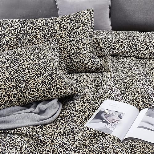 Miniatura 5 de Vonty Juego de sábanas de satén suaves y sedosas de tamaño King con estampado de leopardo, 1 sábana bajera de bolsillo profundo + 1 sábana encimera