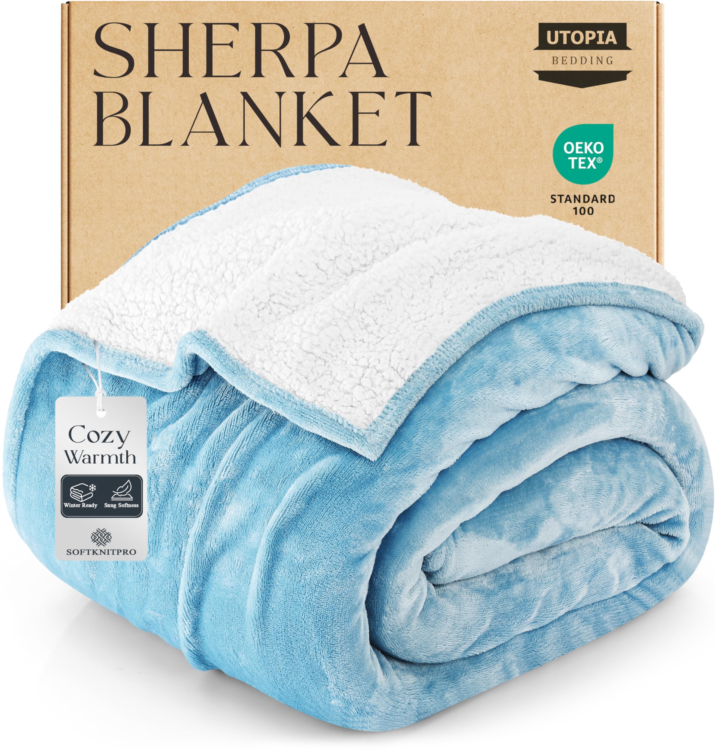Utopia Bedding Sherpa Blanket Twin Size (Washed Blue, 90x66 Inches) - Soft Lightweight Plush Fleece Reversible Blanket for Bed, Sofa, Couch, Camping and Travel
