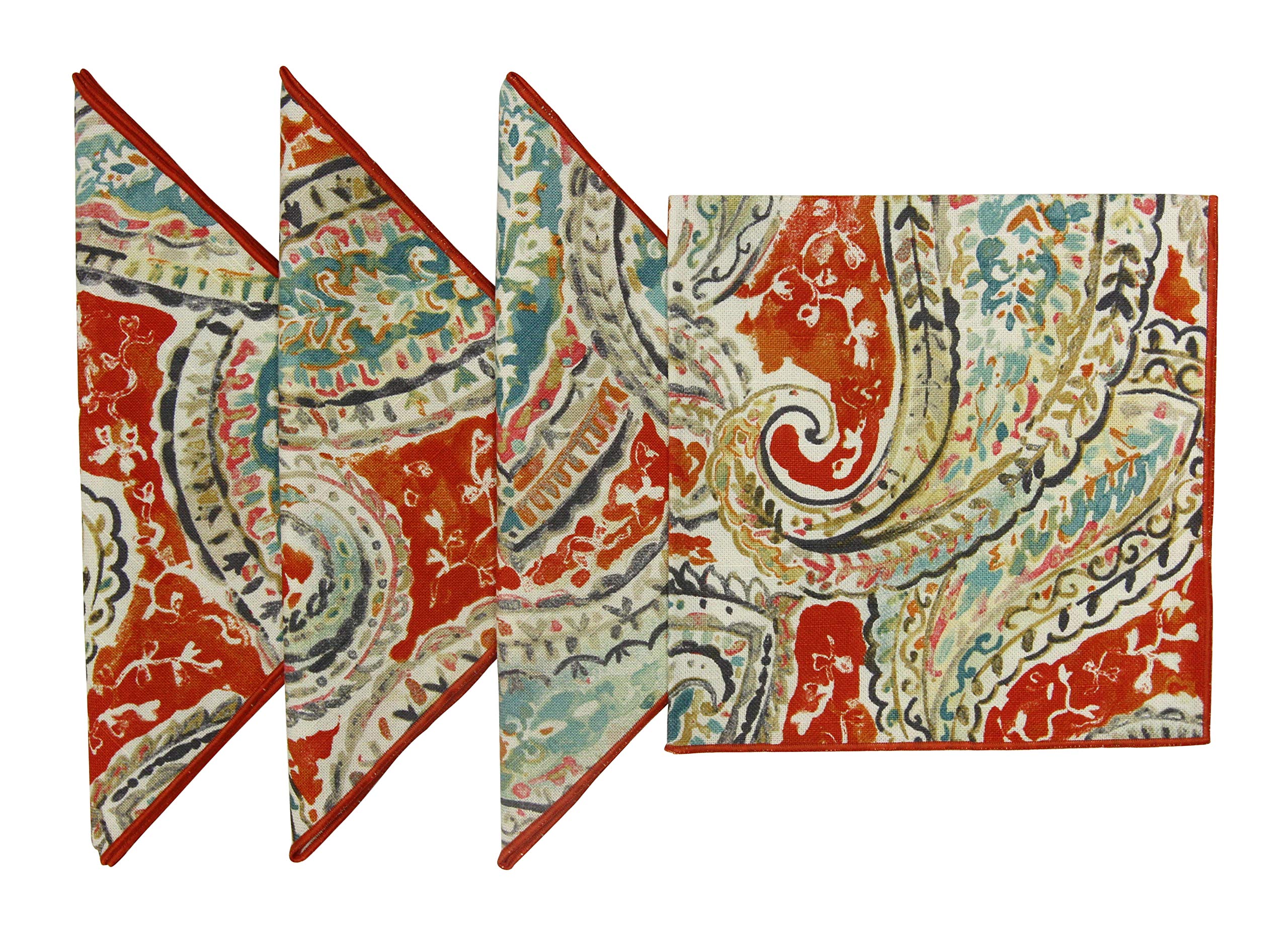 18”x18 Cotton Printed Orange & Turquoise Paisley Design Fabric Napkins, Set of 4